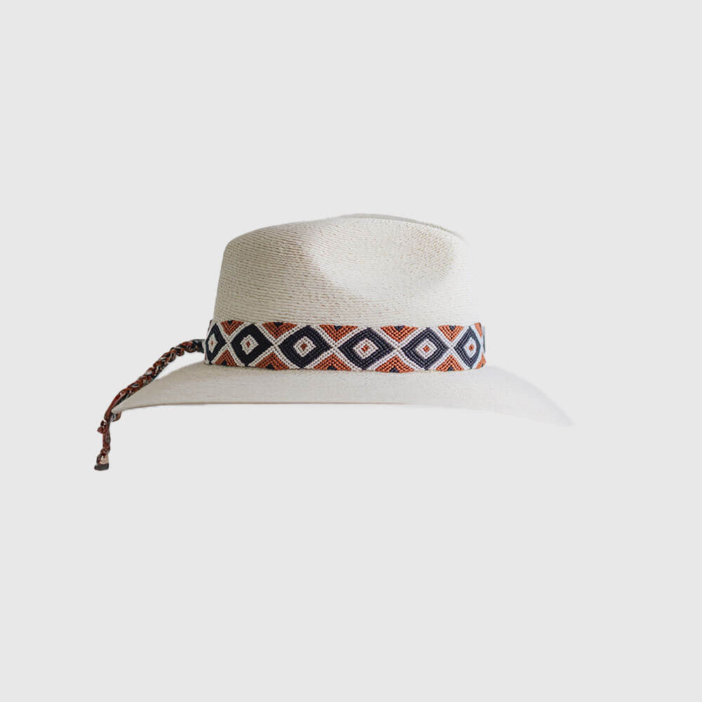 Hand Embroidered Hat with Cotton Threads, Brown / black and white ,geometric mosaic