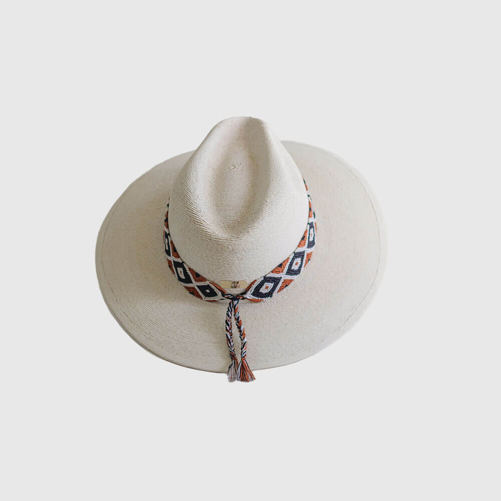 Hand Embroidered Hat with Cotton Threads, Brown / black and white ,geometric mosaic