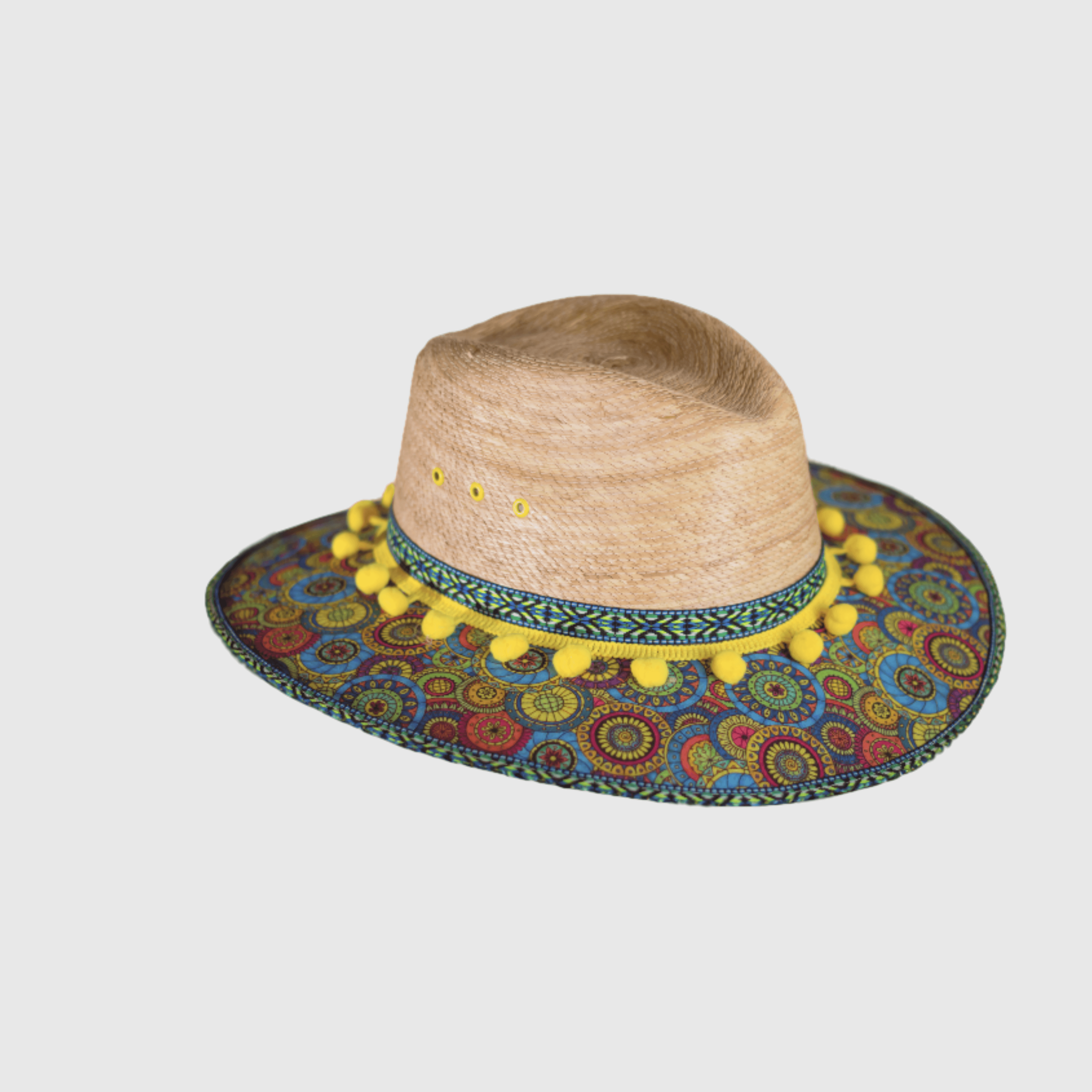 Hat decorated with Mandalas and yellow pompom