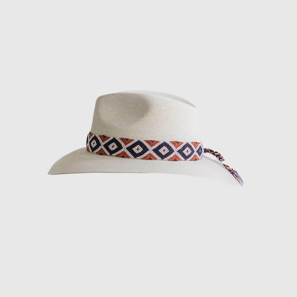 Hand Embroidered Hat with Cotton Threads, Brown / black and white ,geometric mosaic