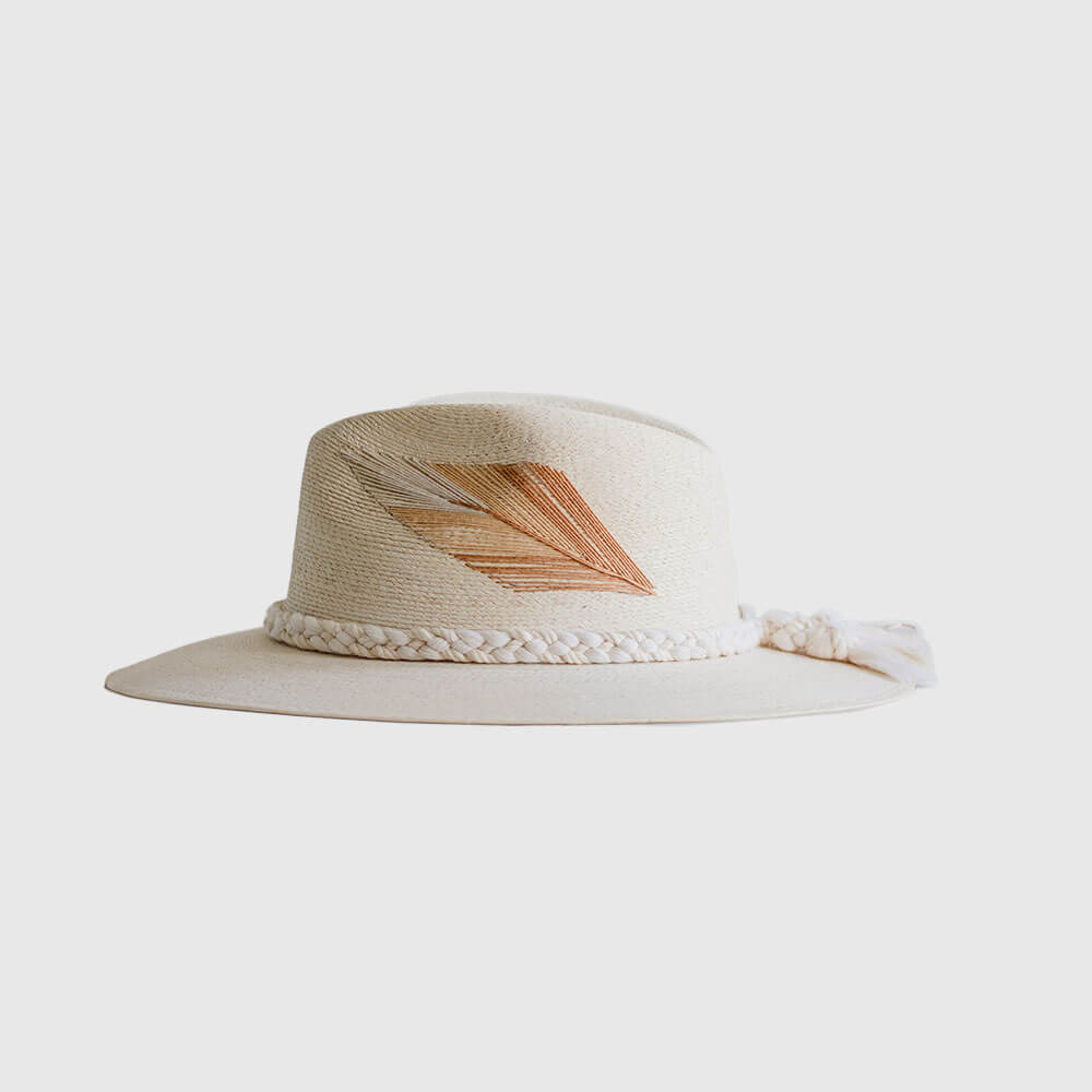 Hand Embroidered Hat with Cotton and Palm Threads, Brown Arrow,beige and ivory feather