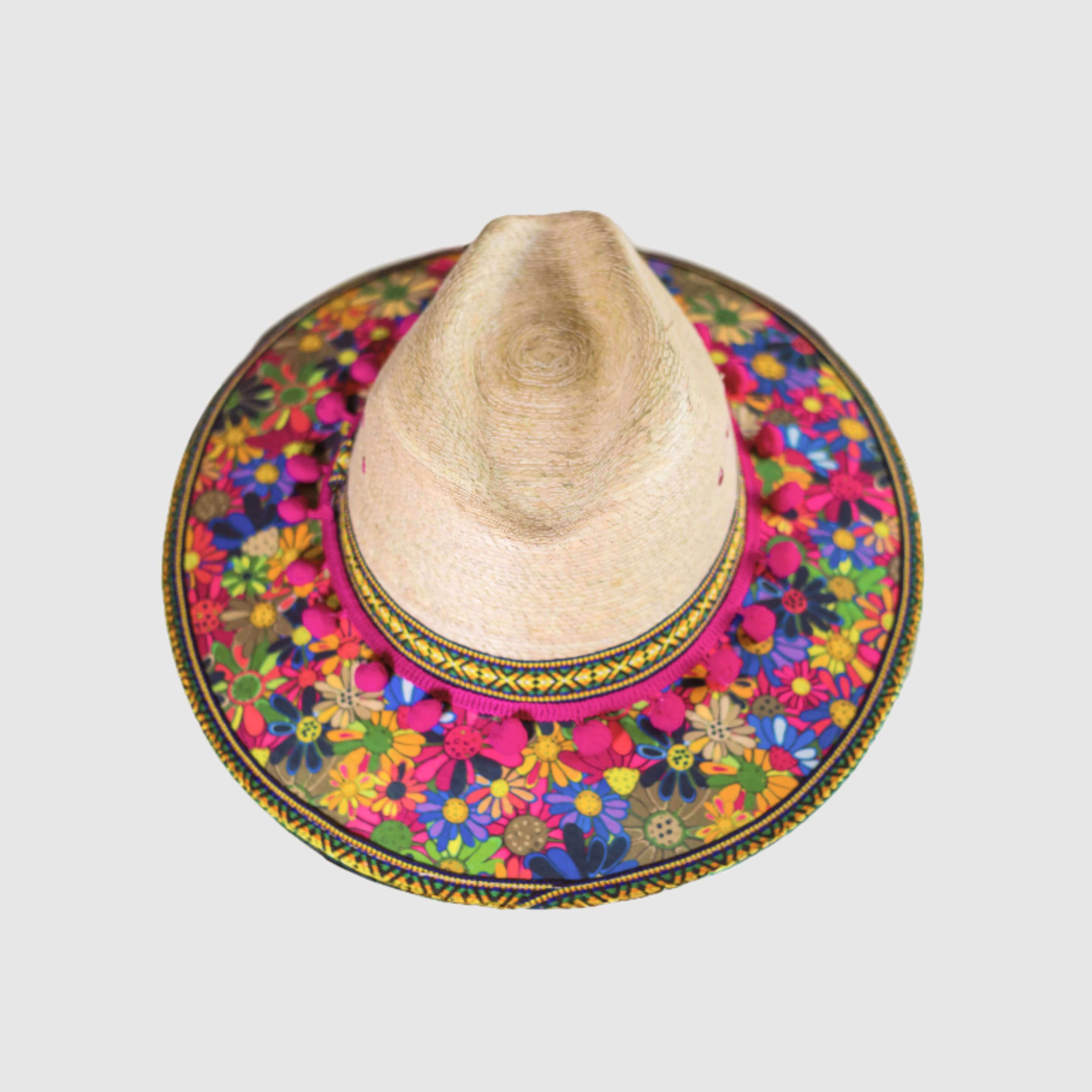 Hat decorated with Flowers and pink pompom