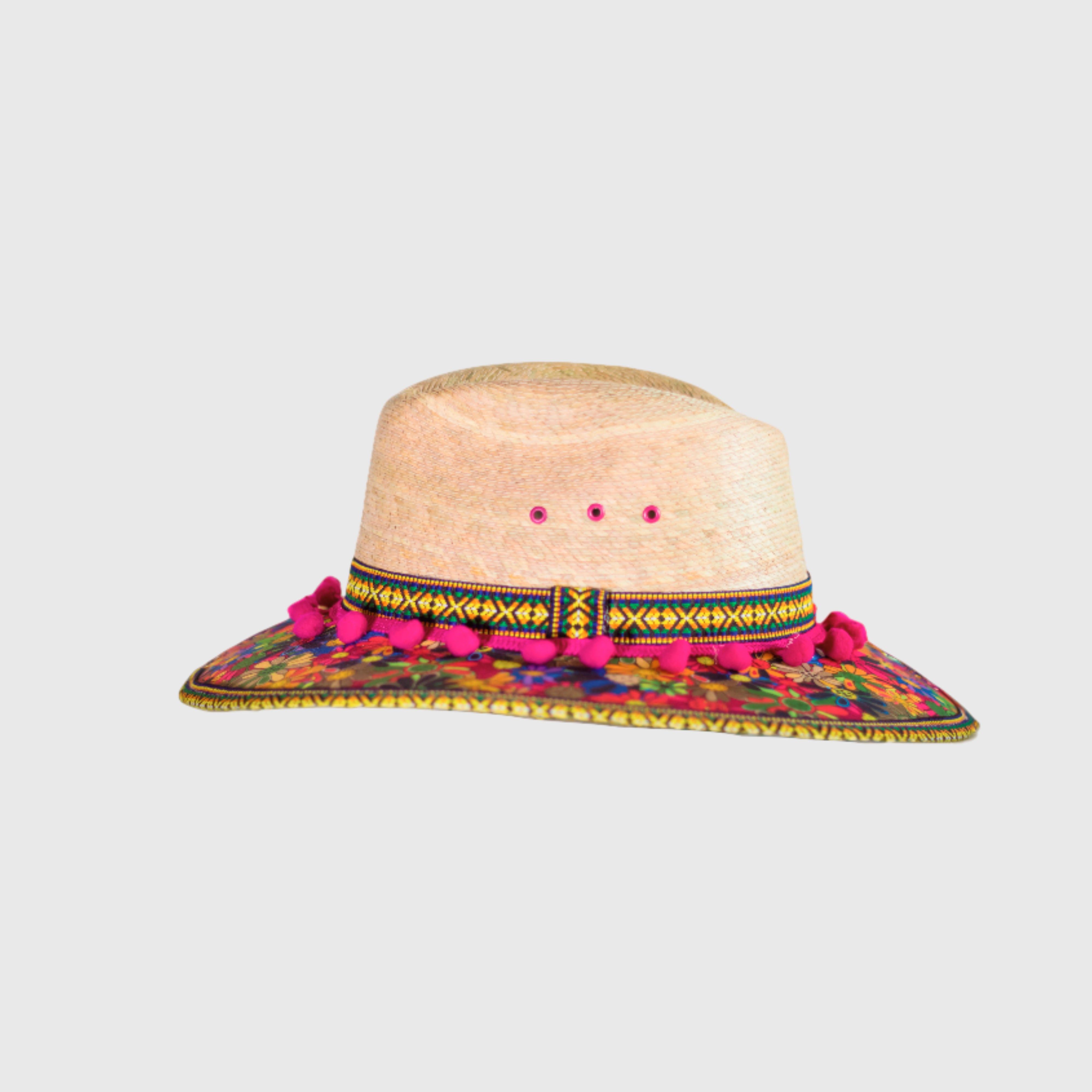 Hat decorated with Flowers and pink pompom