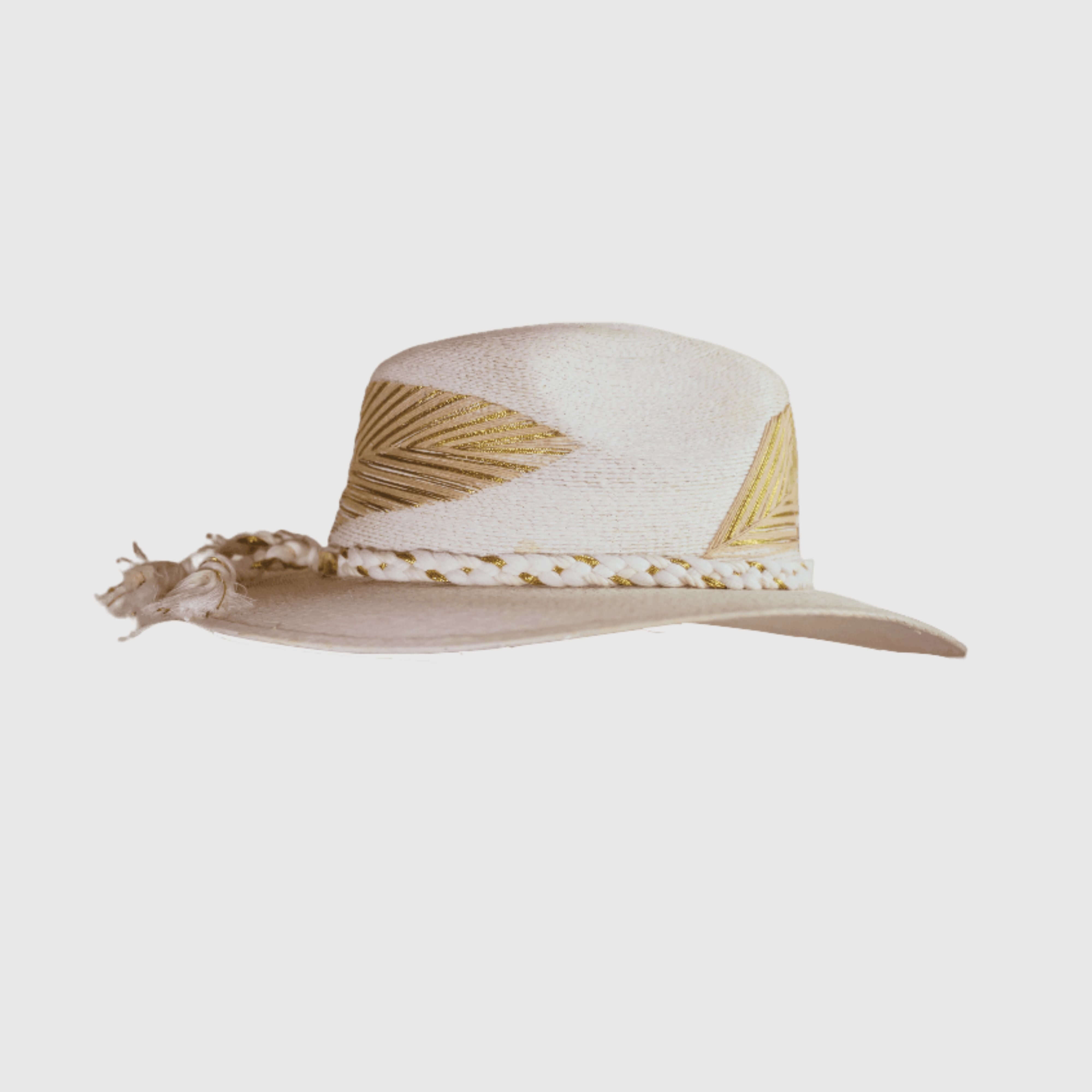 Hand Embroidered Hat with Cotton Threads and Palm, Golden Feathers