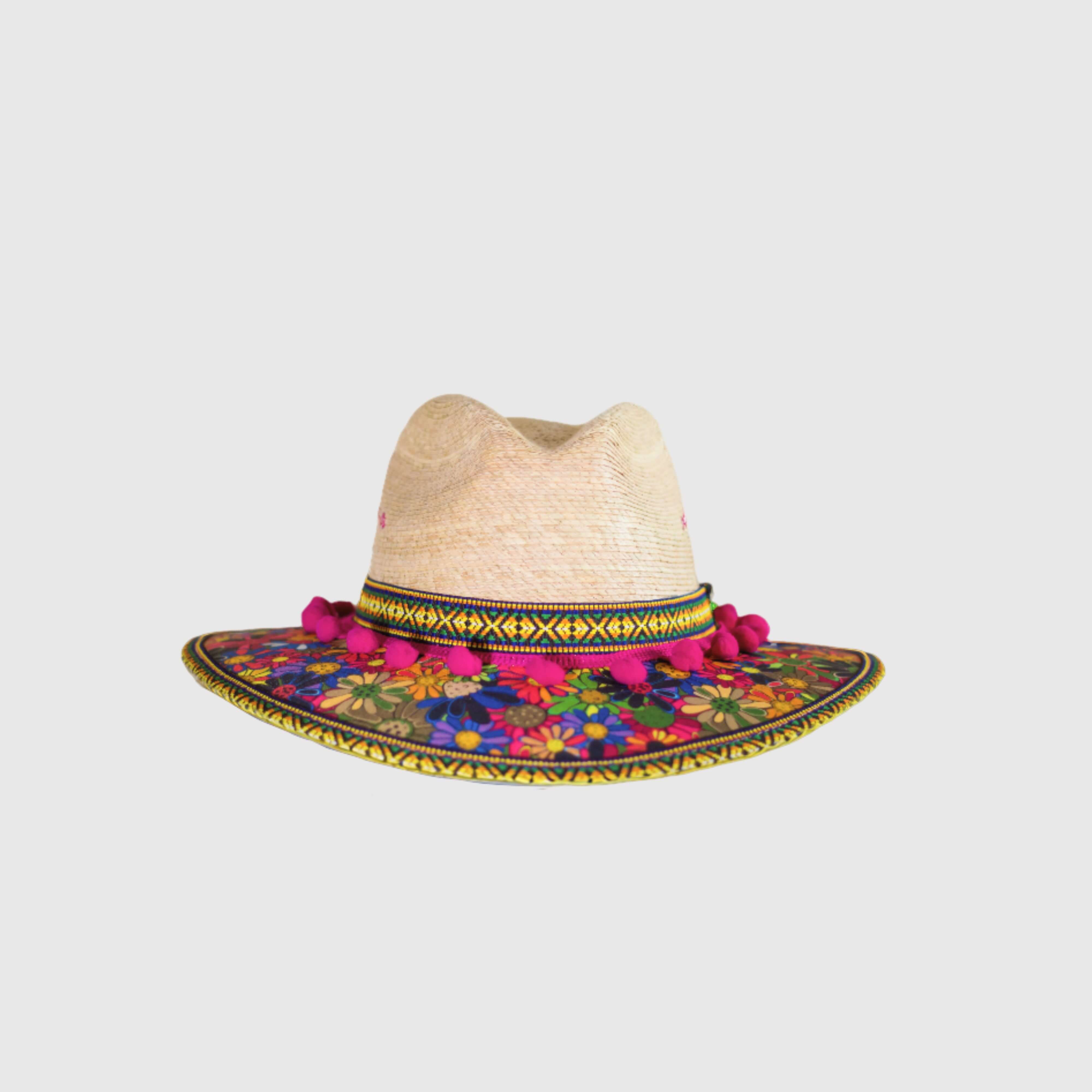 Hat decorated with Flowers and pink pompom