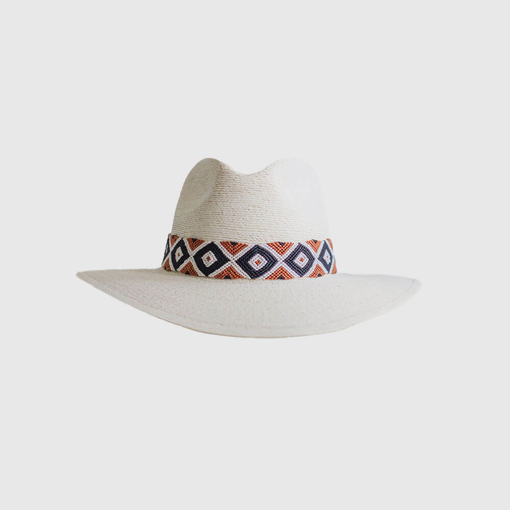 Hand Embroidered Hat with Cotton Threads, Brown / black and white ,geometric mosaic