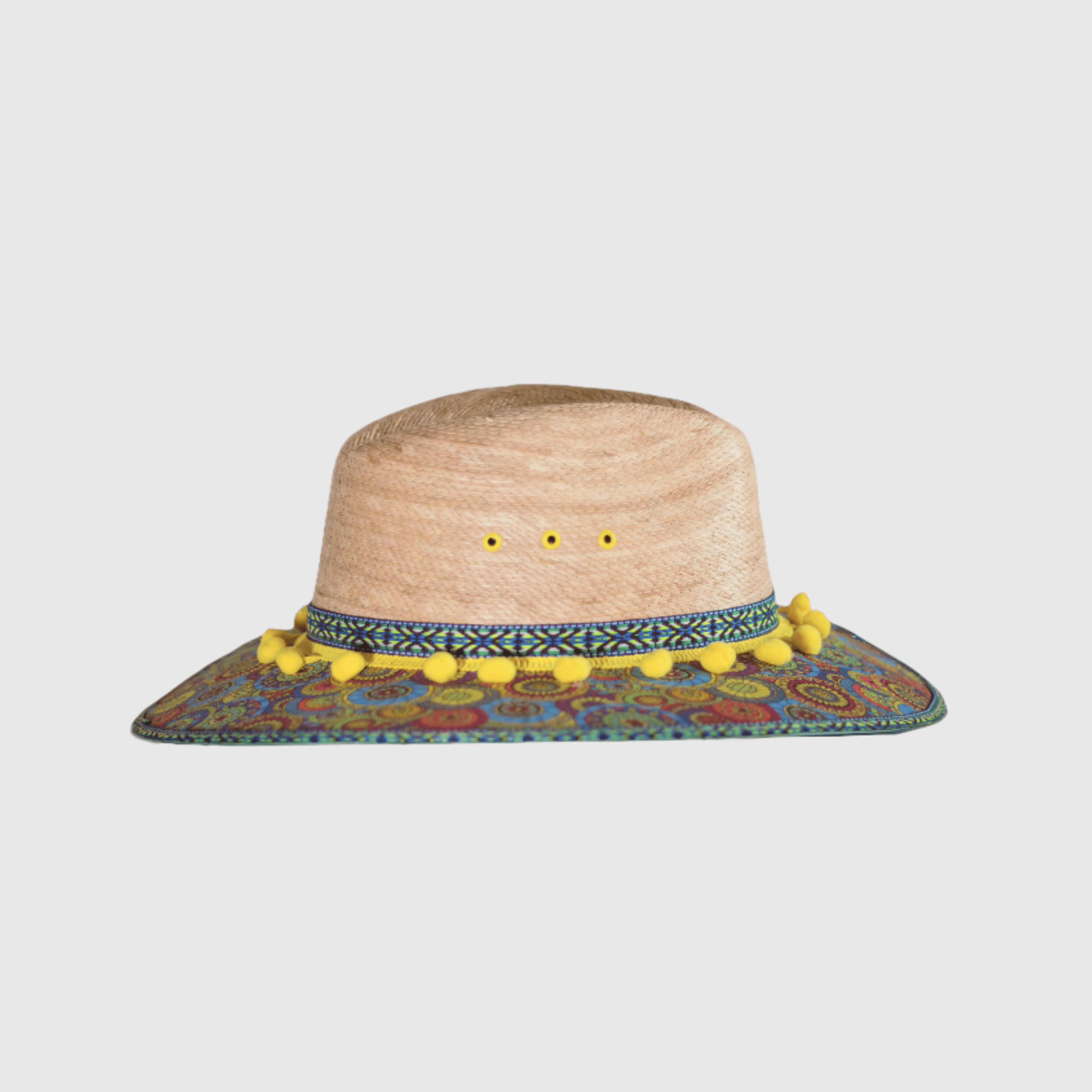 Hat decorated with Mandalas and yellow pompom