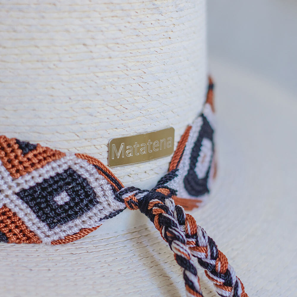 Hand Embroidered Hat with Cotton Threads, Brown / black and white ,geometric mosaic