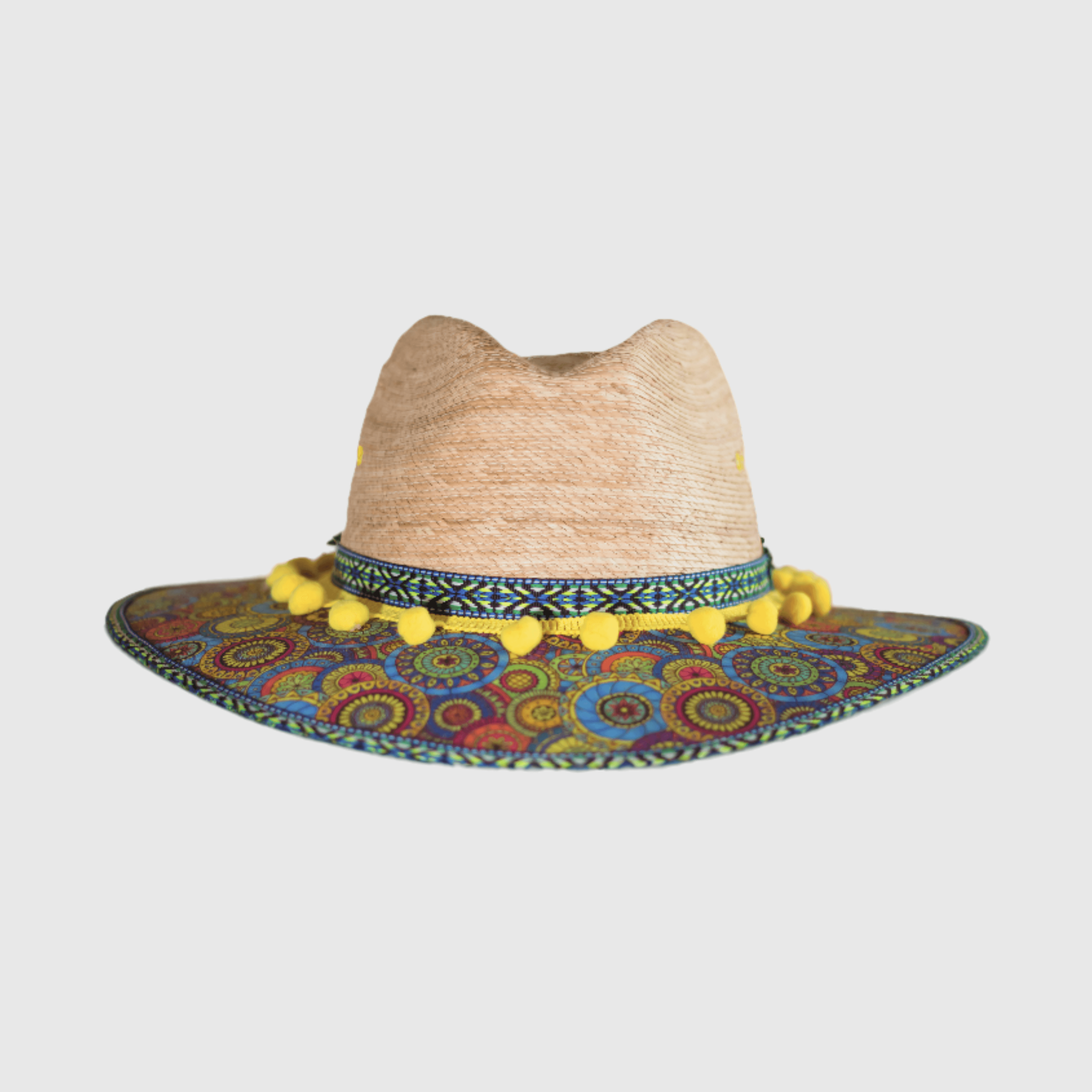 Hat decorated with Mandalas and yellow pompom