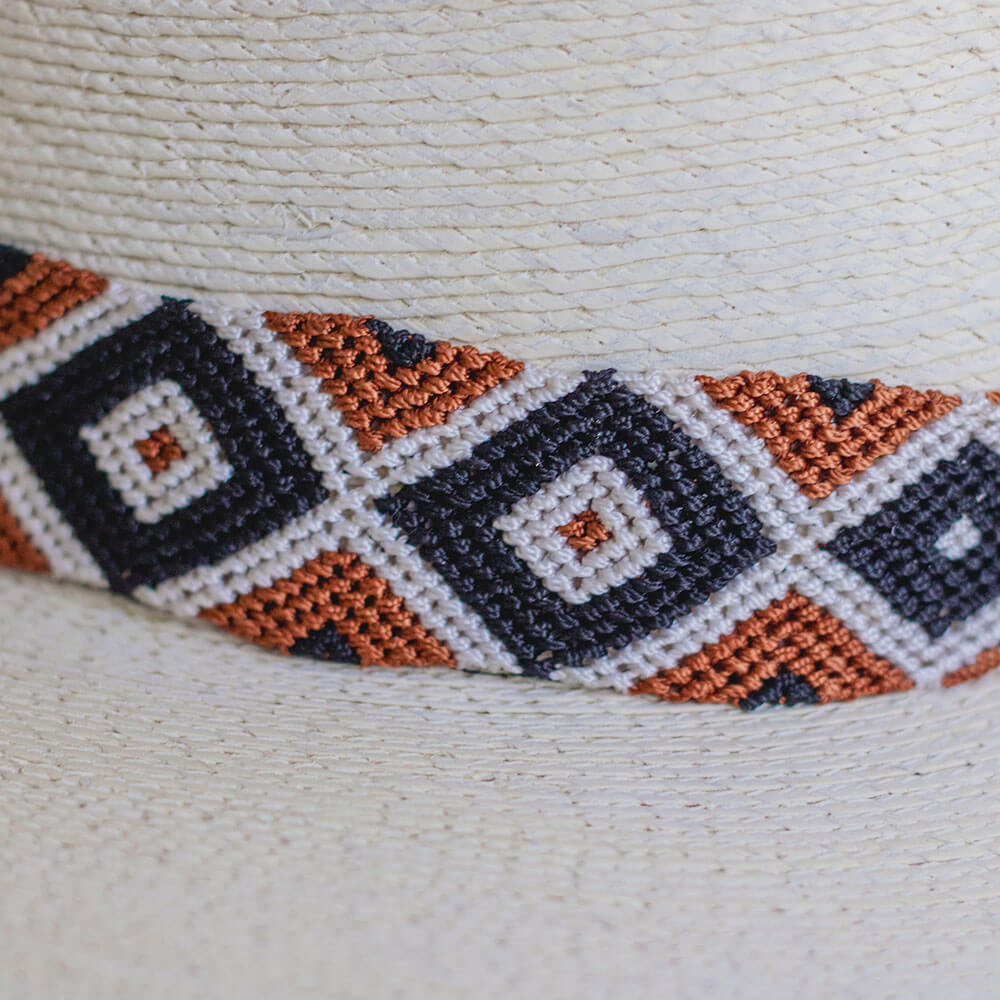 Hand Embroidered Hat with Cotton Threads, Brown / black and white ,geometric mosaic