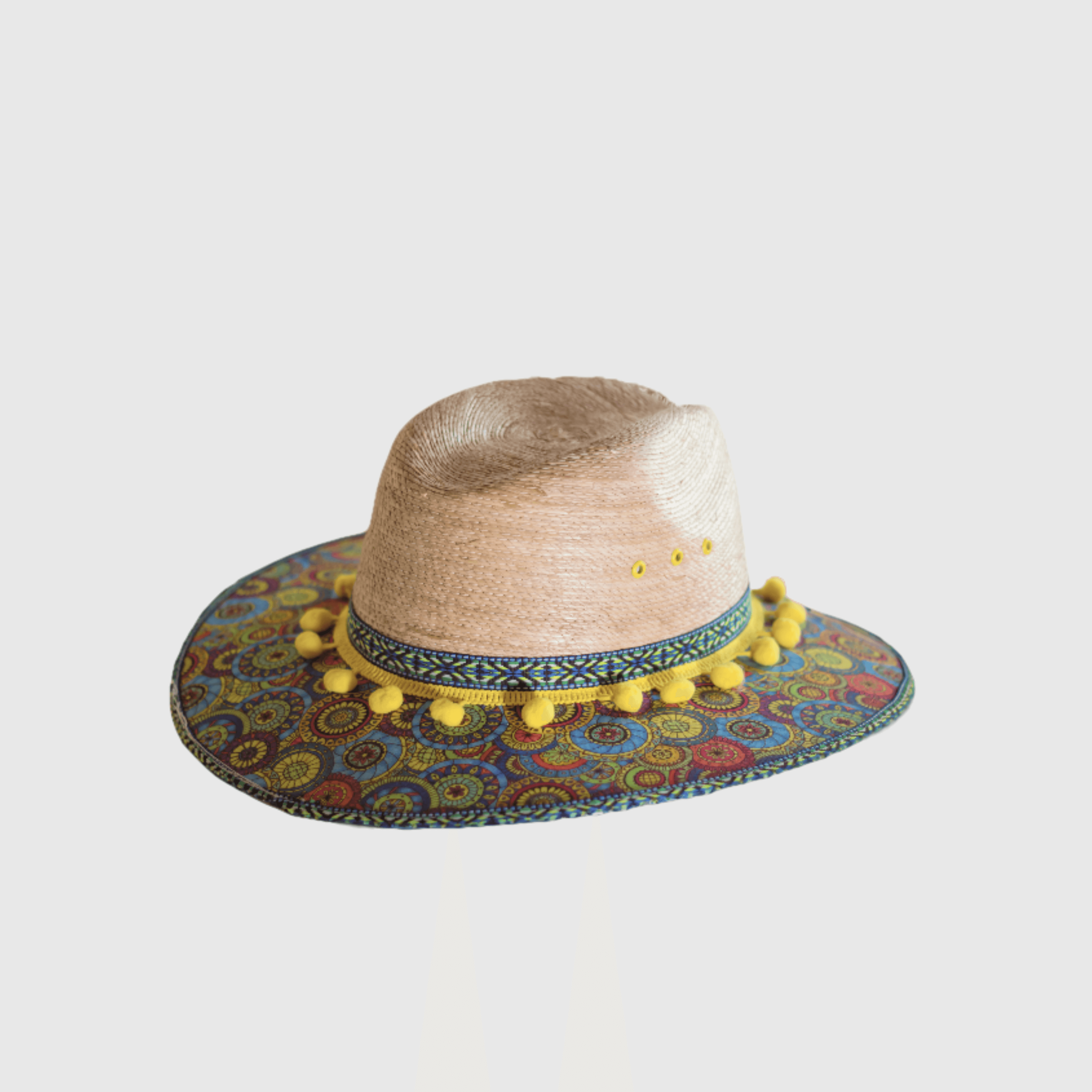 Hat decorated with Mandalas and yellow pompom