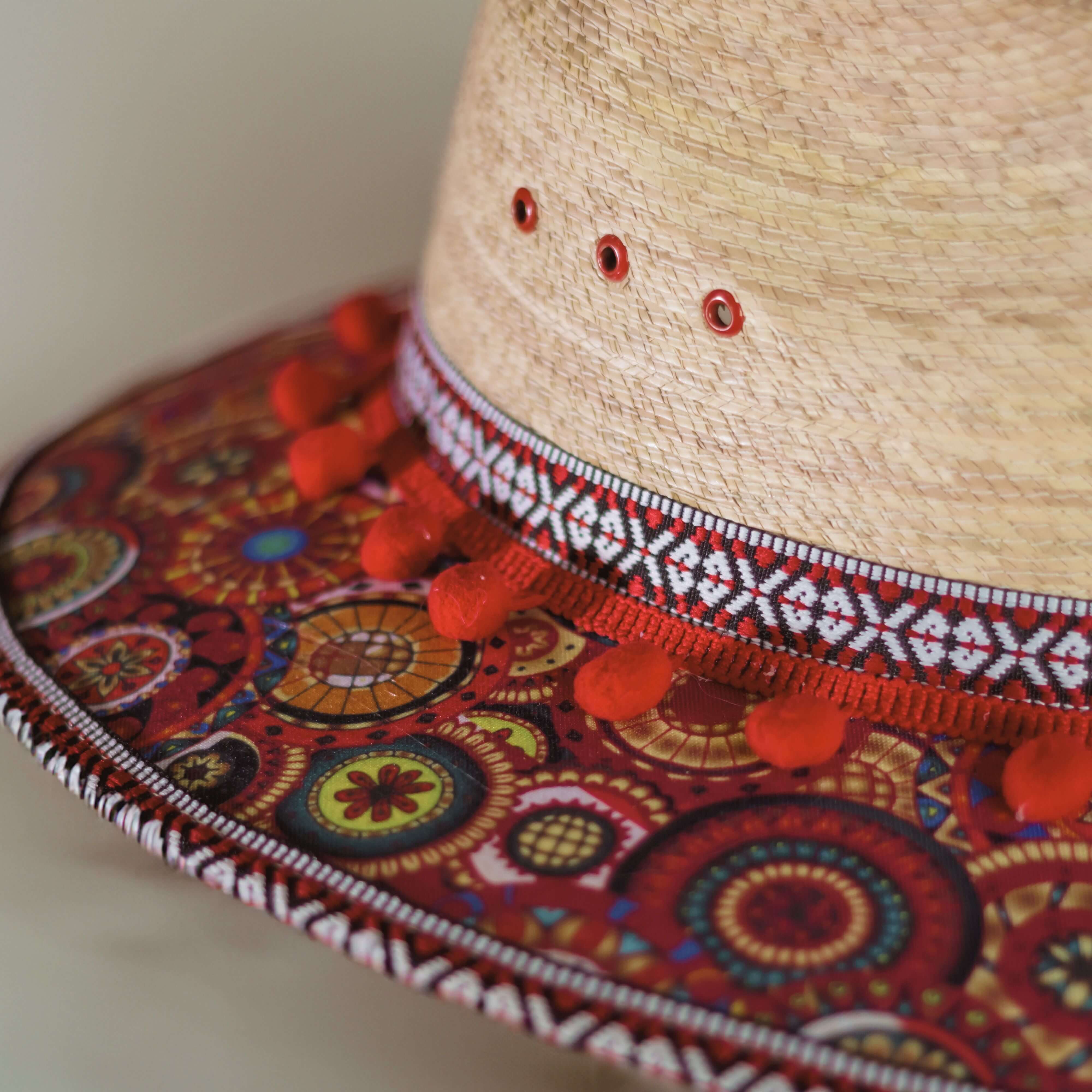Hat decorated with Flowers and pink pompom