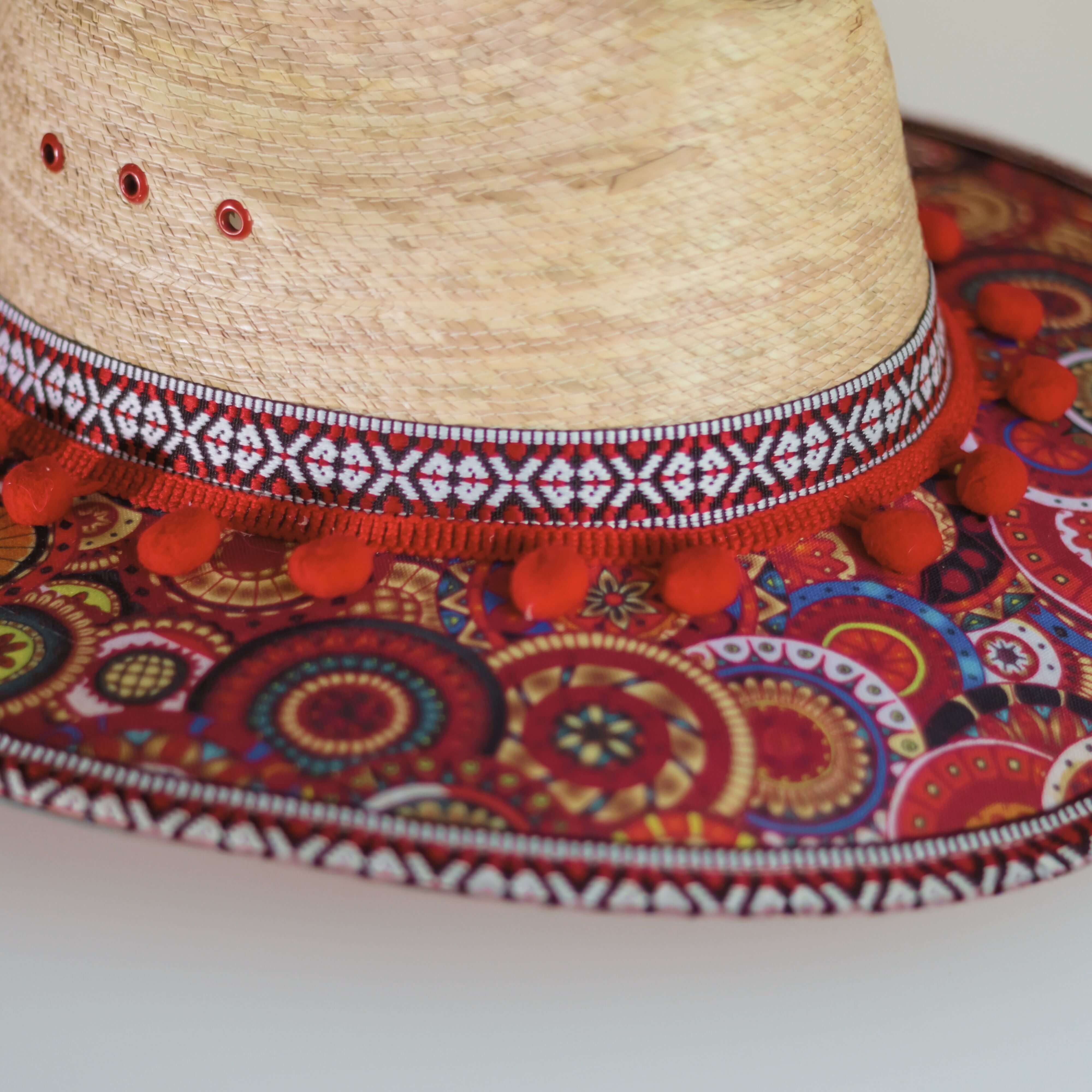 Hat decorated with Flowers and pink pompom