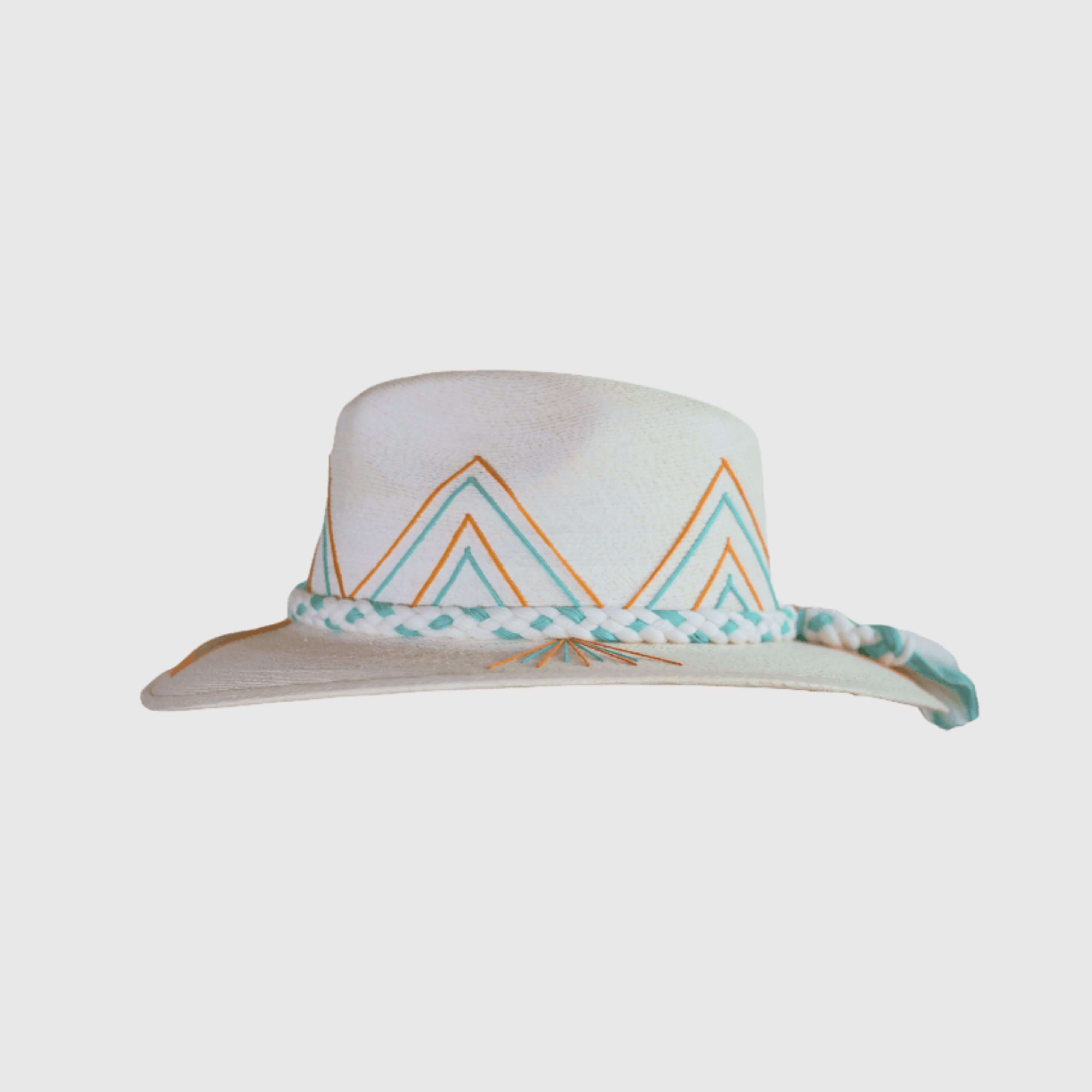 Hand embroidered hat with cotton and palm threads, Orange - Turquoise geometric figures