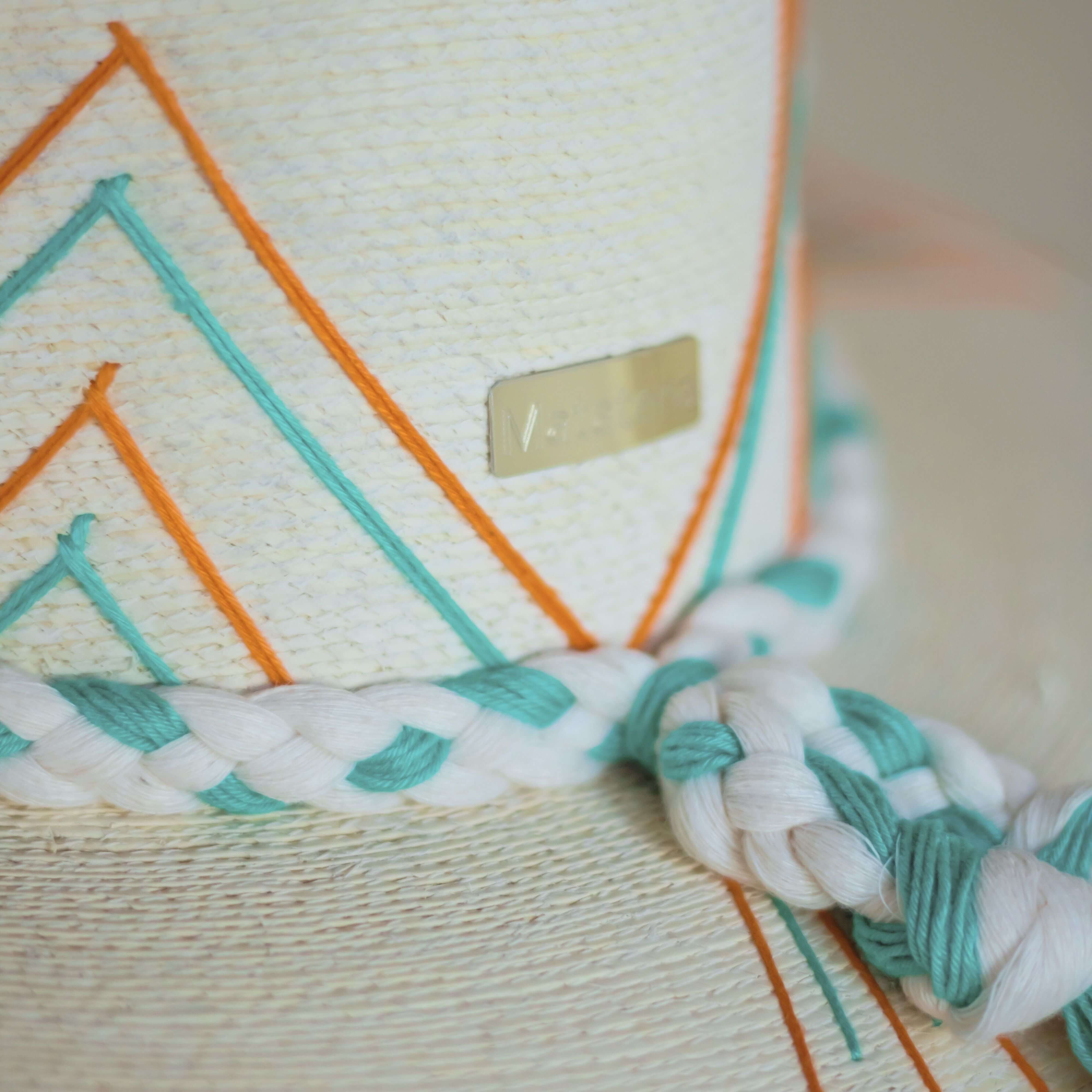 Hand embroidered hat with cotton and palm threads, Orange - Turquoise geometric figures