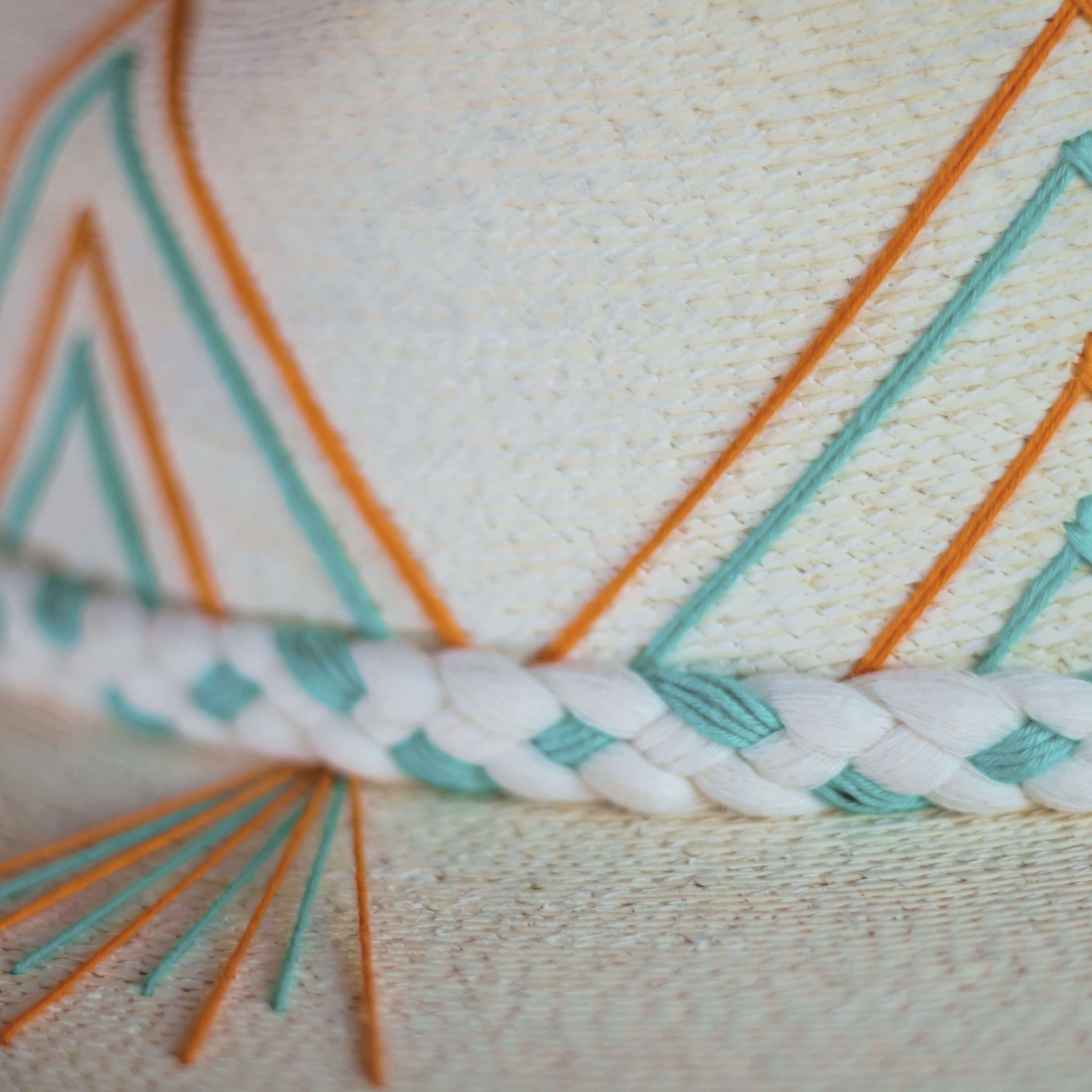 Hand embroidered hat with cotton and palm threads, Orange - Turquoise geometric figures