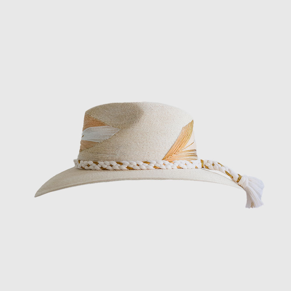 Hand Embroidered Hat with Cotton Threads and Palm, Golden - white,  Arrow around