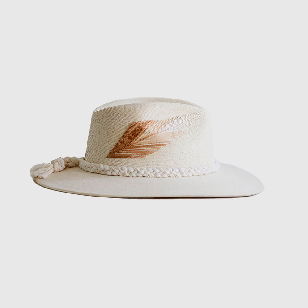 Hand Embroidered Hat with Cotton and Palm Threads, Brown Arrow,beige and ivory feather