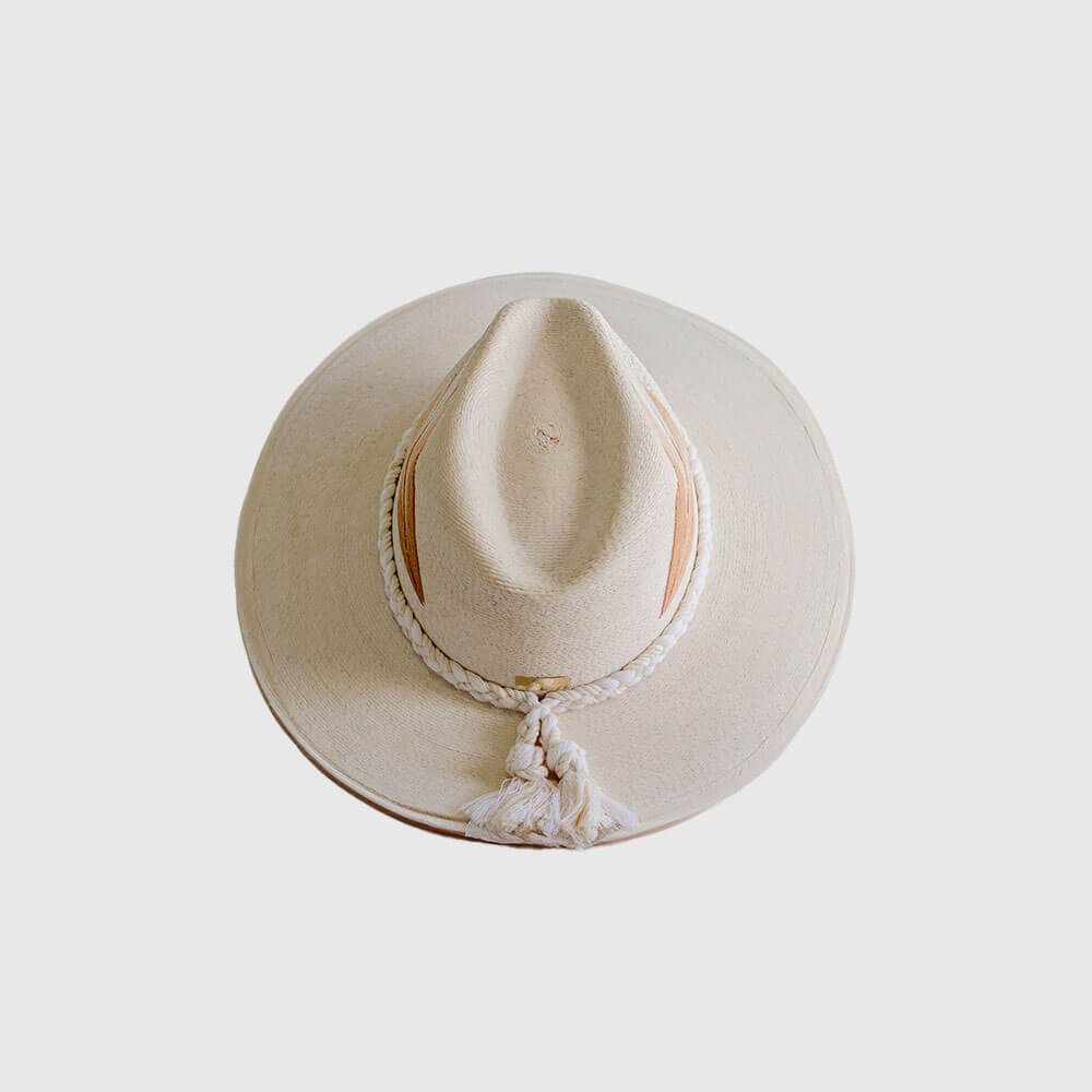 Hand Embroidered Hat with Cotton and Palm Threads, Brown Arrow,beige and ivory feather