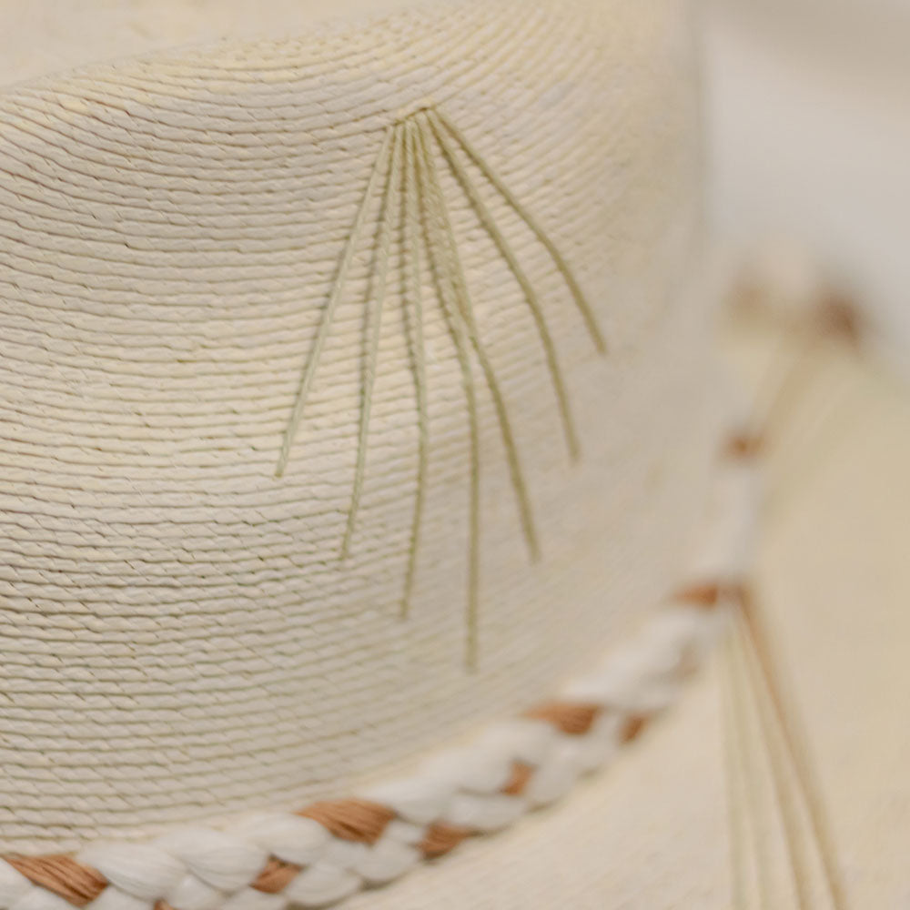 Hand embroidered hat with crossed triangules. Hand made strip in Ivory / beige color