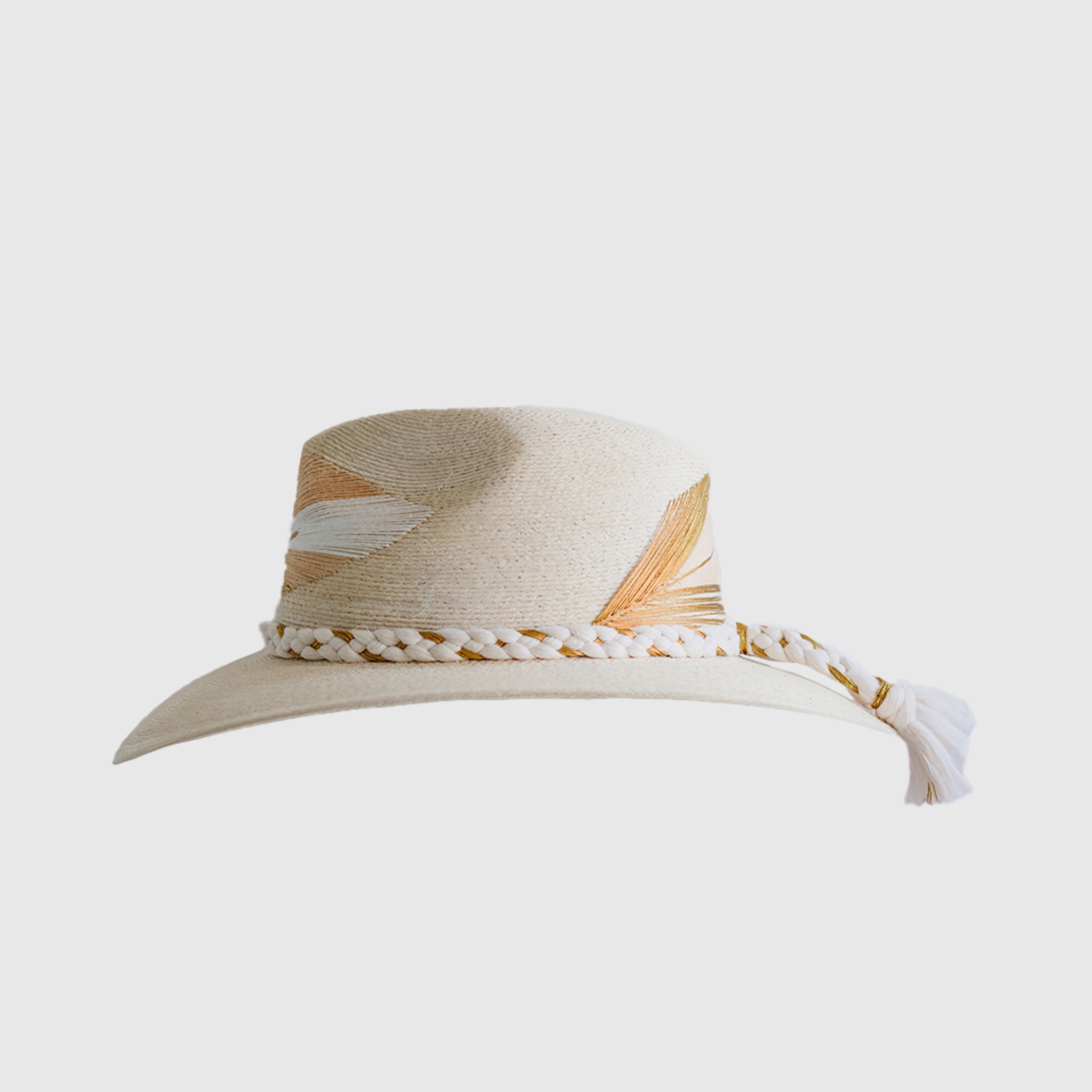 Hand Embroidered Hat with Cotton Threads and Palm, Golden Feathers