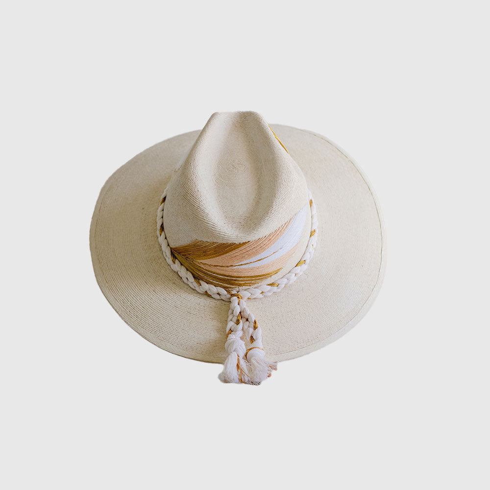 Hand Embroidered Hat with Cotton Threads and Palm, Golden - white,  Arrow around