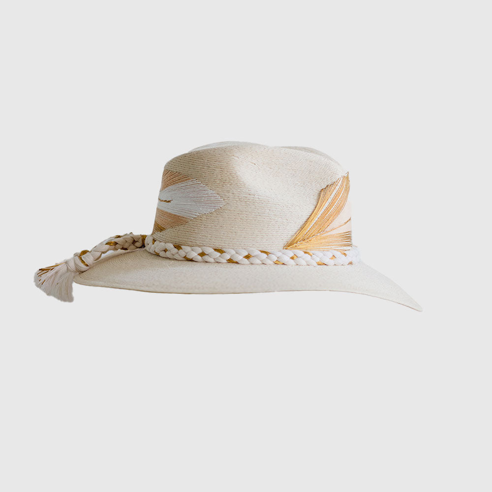 Hand Embroidered Hat with Cotton Threads and Palm, Golden - white,  Arrow around