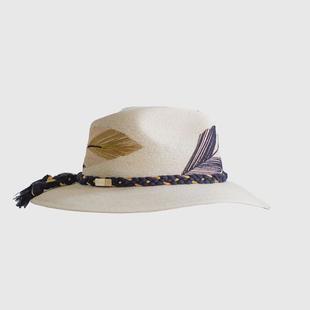 Hand Embroidered Hat with Cotton and Palm Threads, Black / gold /Ivory Feathers