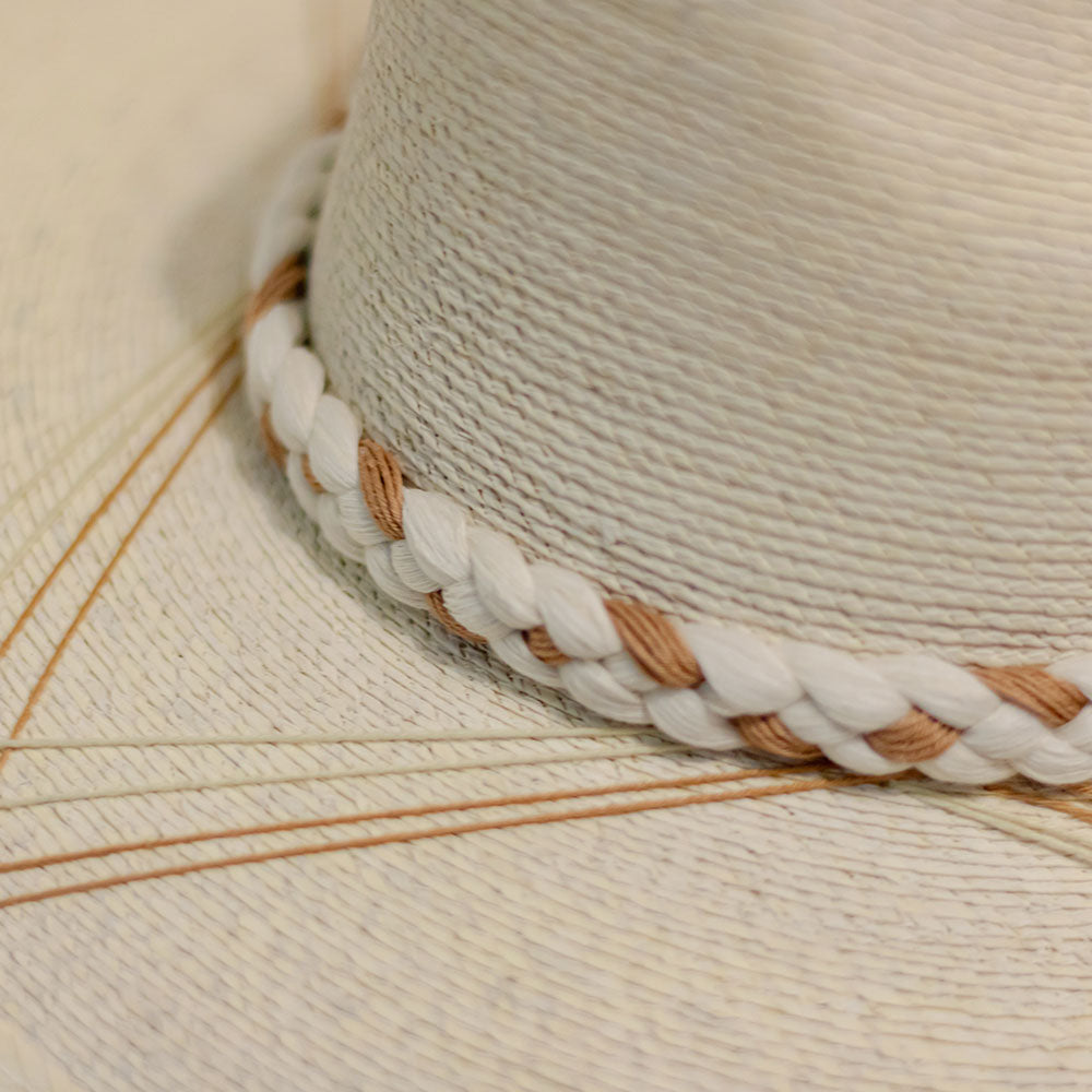 Hand embroidered hat with crossed triangules. Hand made strip in Ivory / beige color