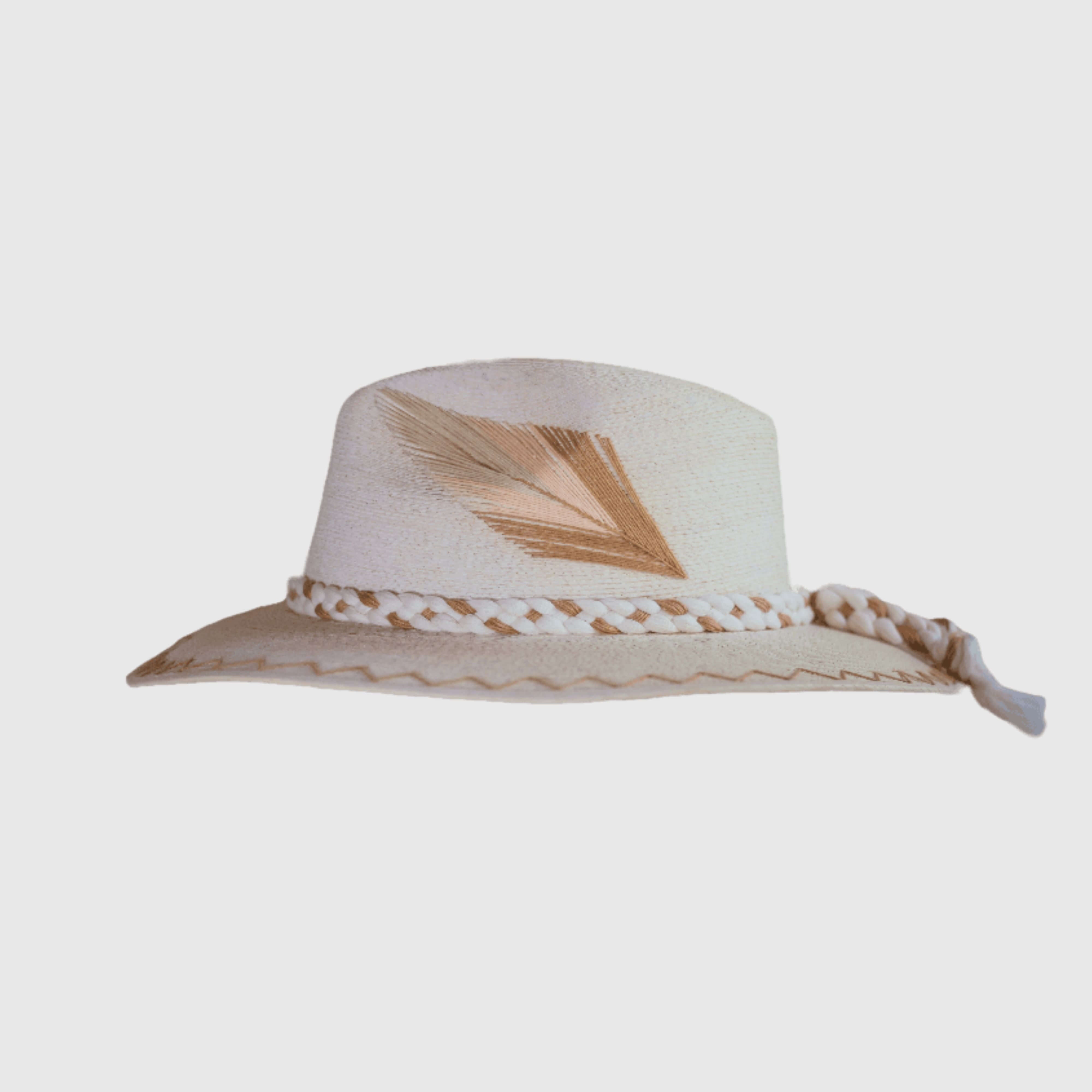 Hand Embroidered Hat with Cotton Threads and Palm, Brown Arrow