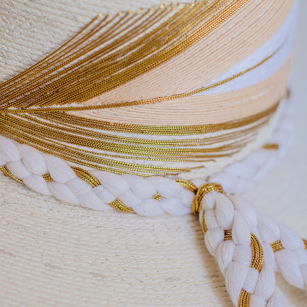 Hand Embroidered Hat with Cotton Threads and Palm, Golden - white,  Arrow around