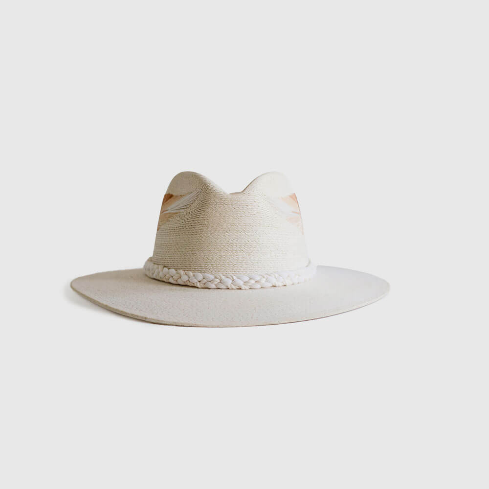 Hand Embroidered Hat with Cotton and Palm Threads, Brown Arrow,beige and ivory feather