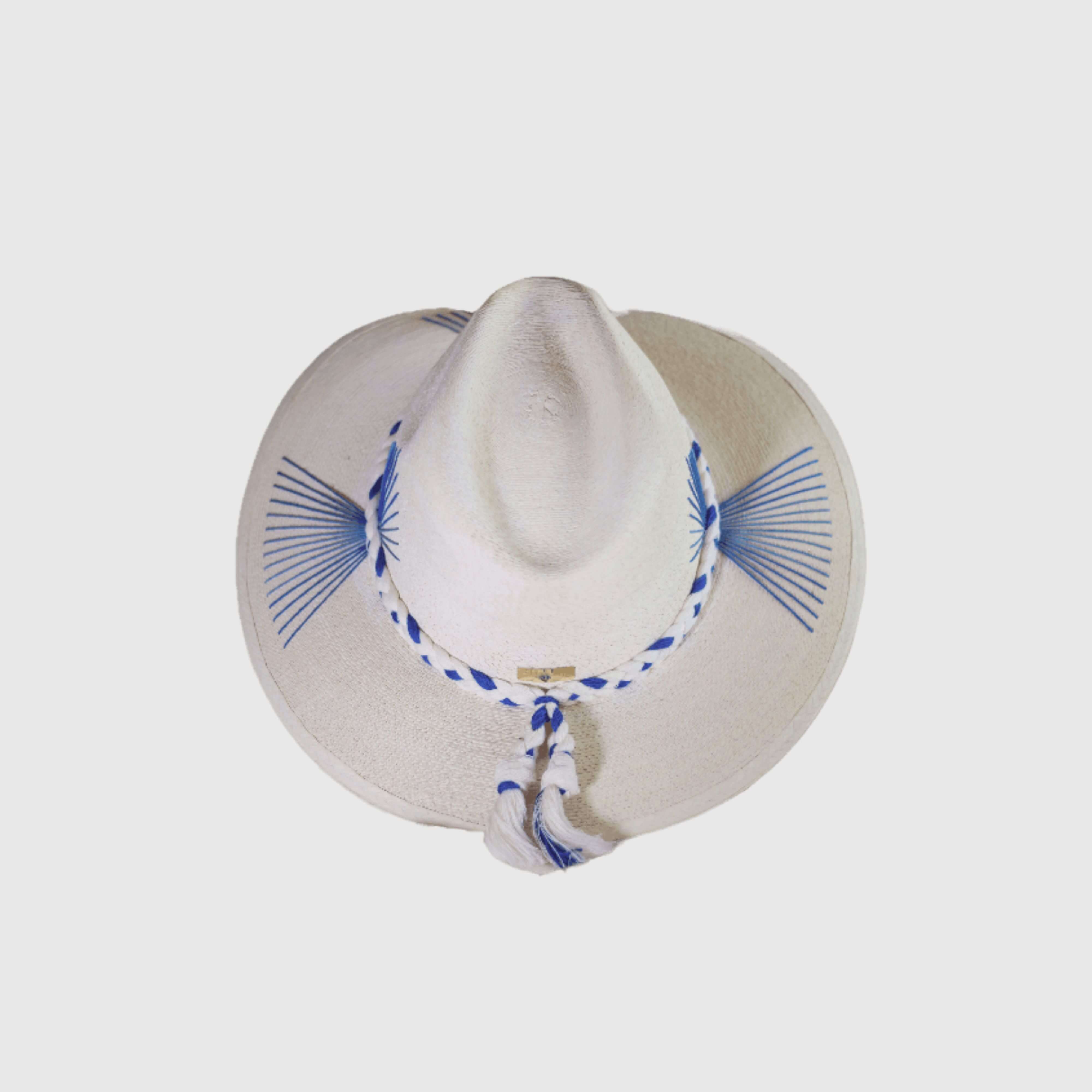 Hand embroidered hat with cotton and palm threads, sea blue and light blue decor