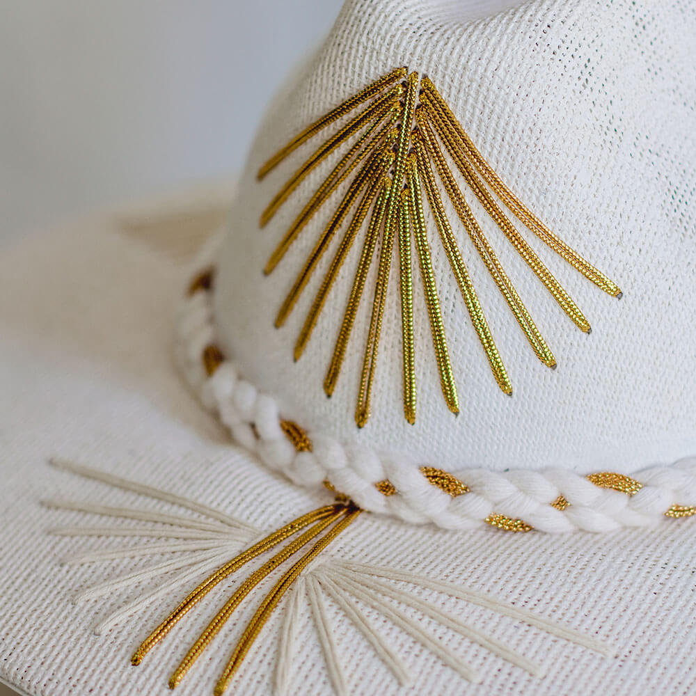 Black Hand embroidered hat with cotton threads, Golden Palm