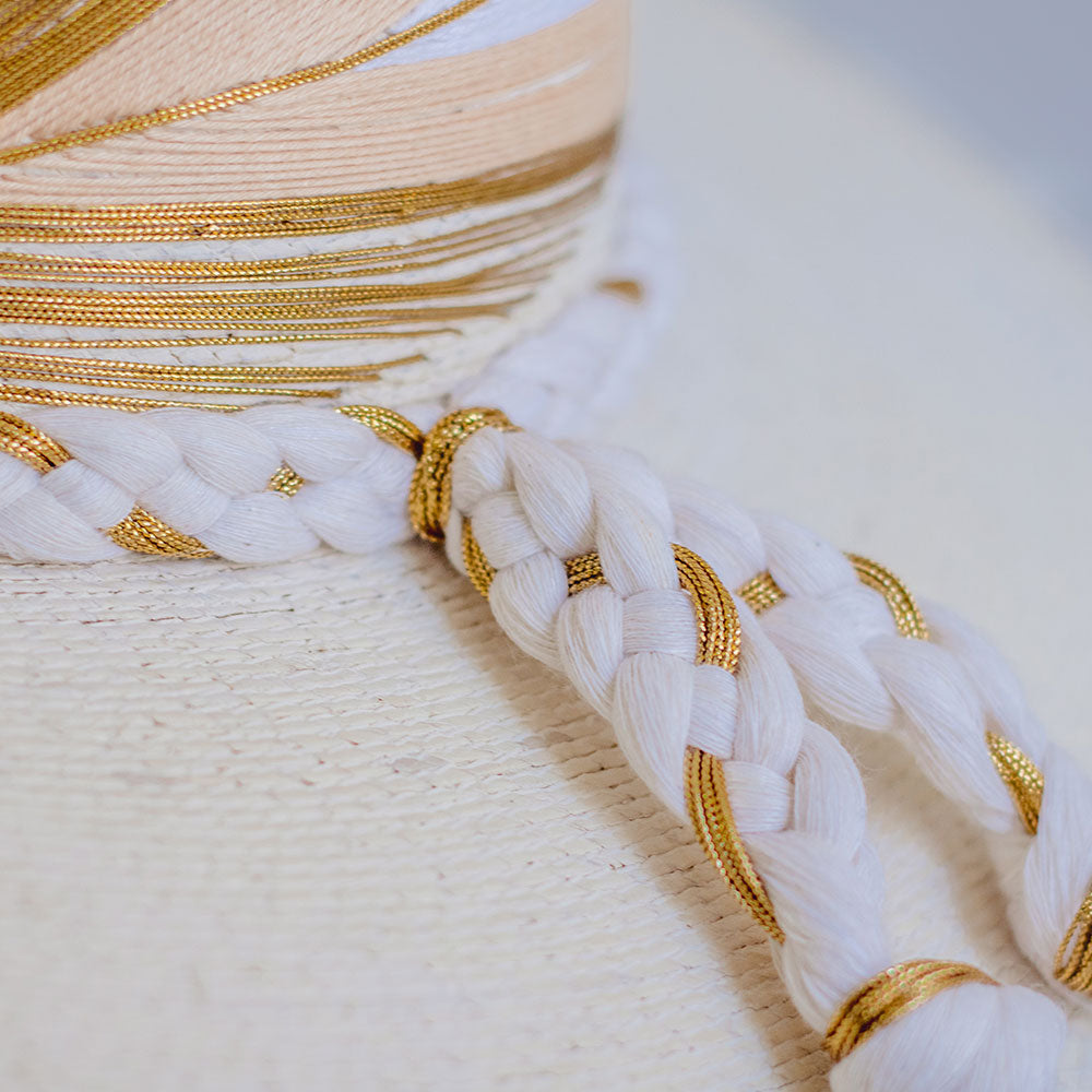 Hand Embroidered Hat with Cotton Threads and Palm, Golden - white,  Arrow around