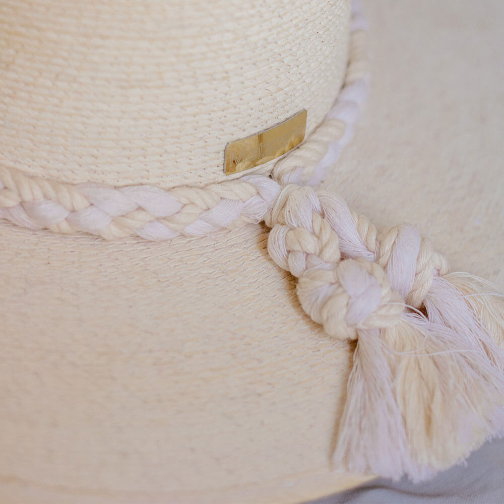 Hand Embroidered Hat with Cotton and Palm Threads, Brown Arrow,beige and ivory feather