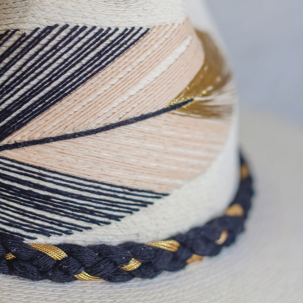 Hand Embroidered Hat with Cotton and Palm Threads, Black / gold /Ivory Feathers