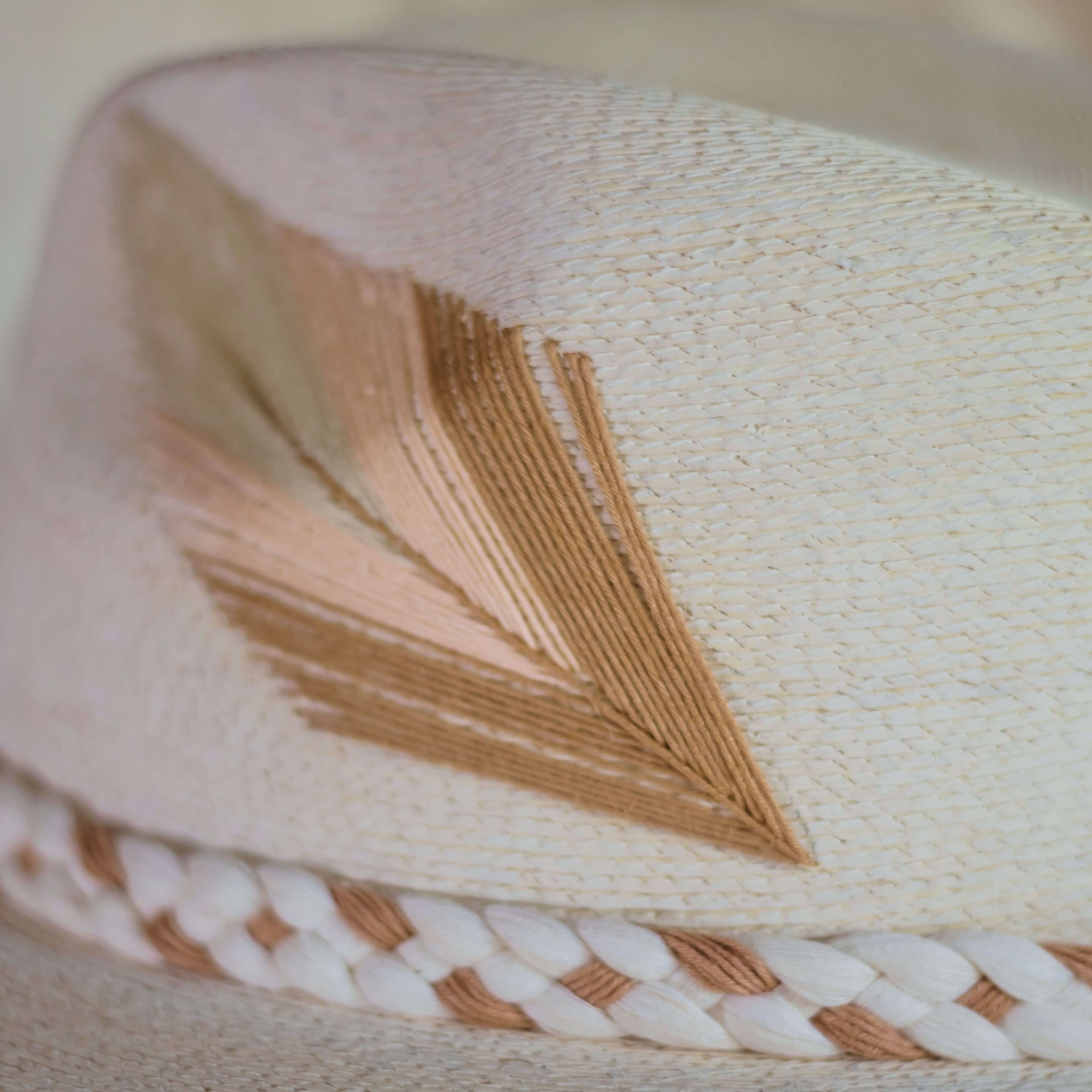 Hand Embroidered Hat with Cotton Threads and Palm, Brown Arrow