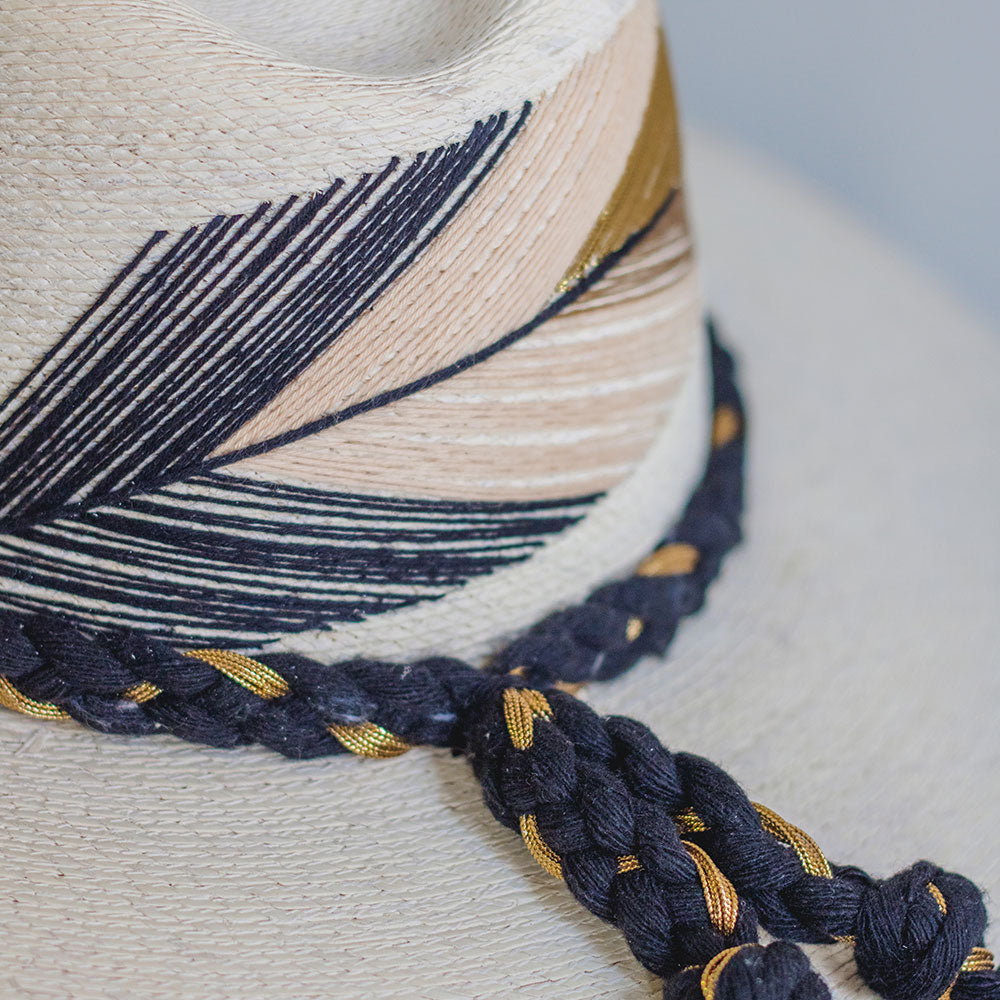 Hand Embroidered Hat with Cotton and Palm Threads, Black / gold /Ivory Feathers