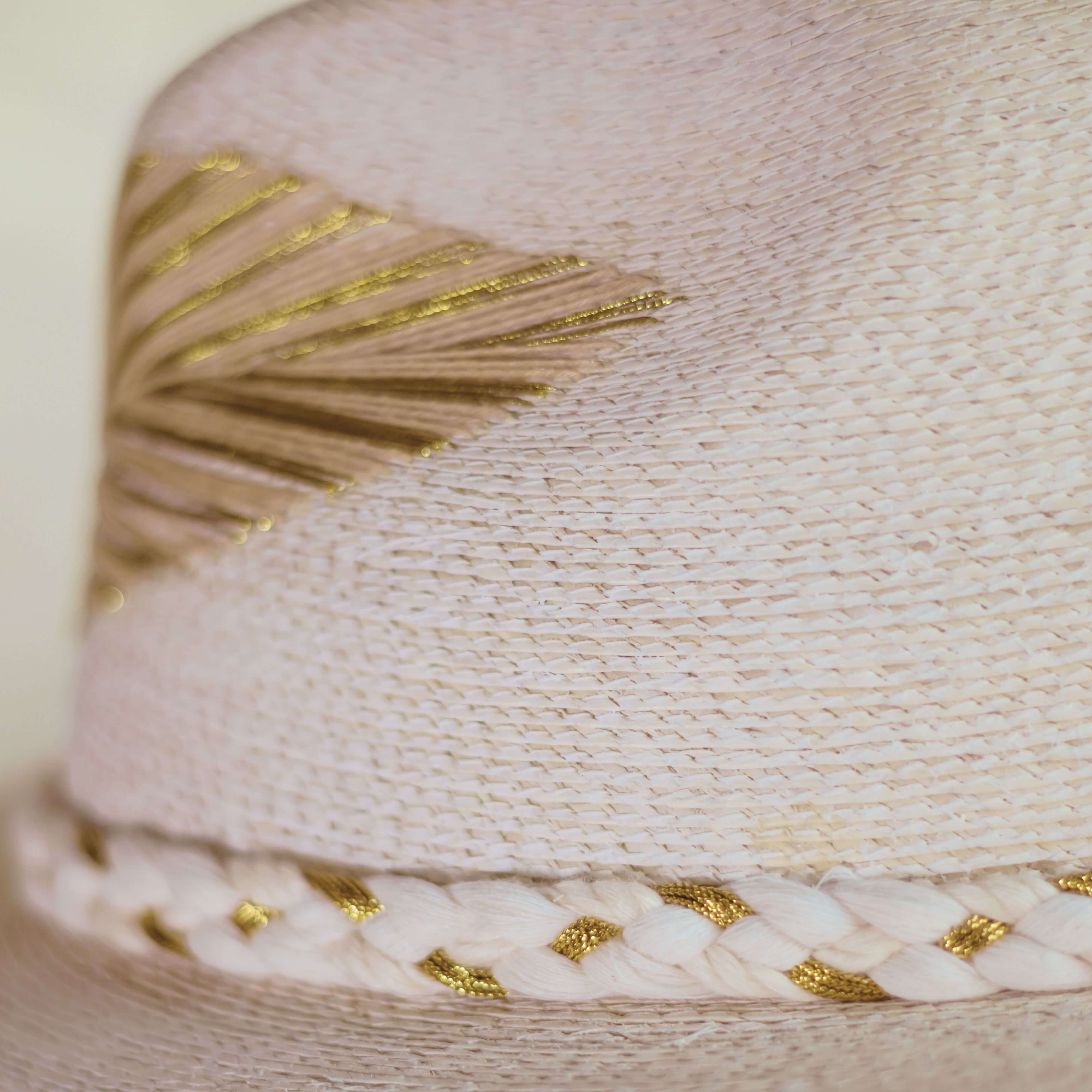 Hand Embroidered Hat with Cotton Threads and Palm, Golden Feathers