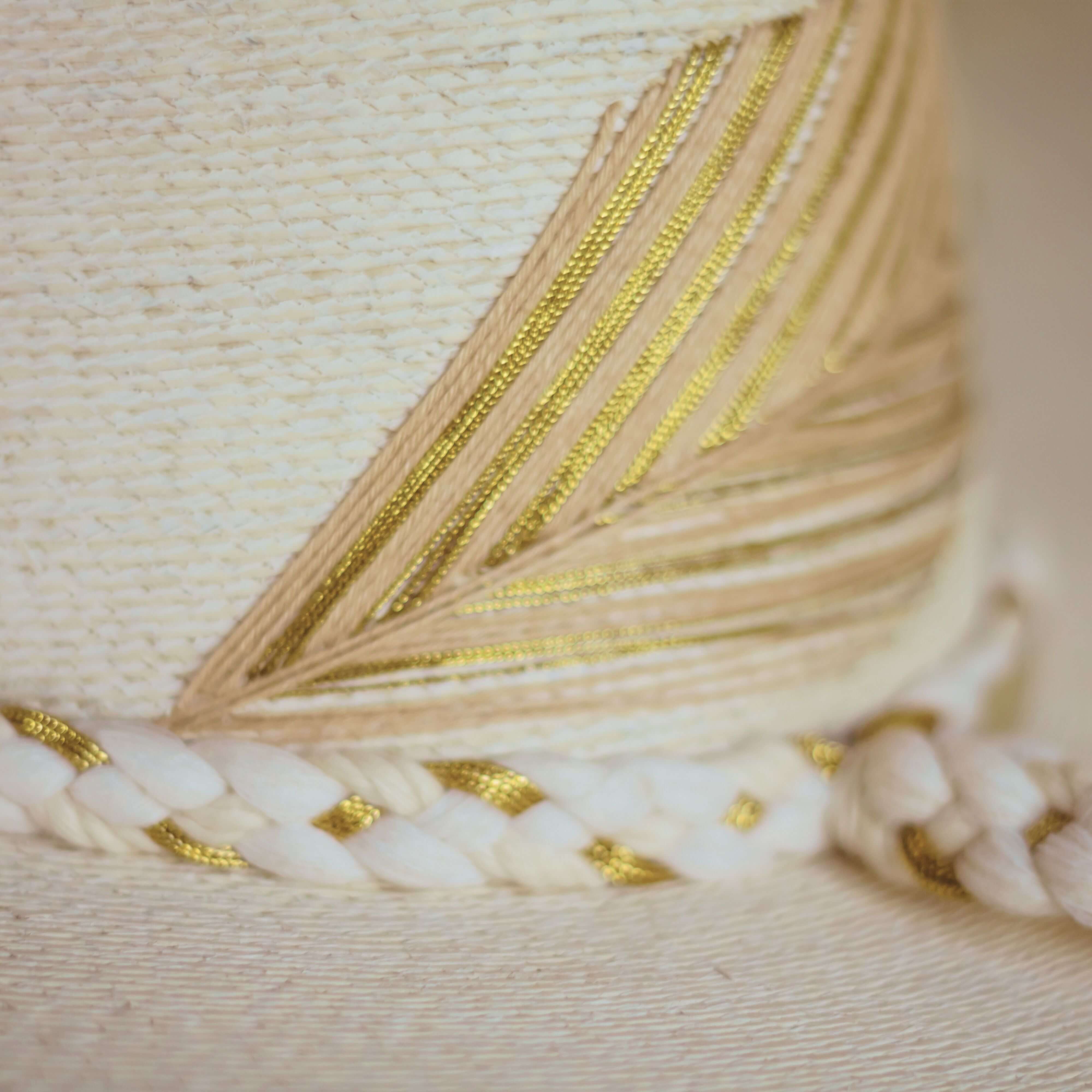 Hand Embroidered Hat with Cotton Threads and Palm, Golden Feathers