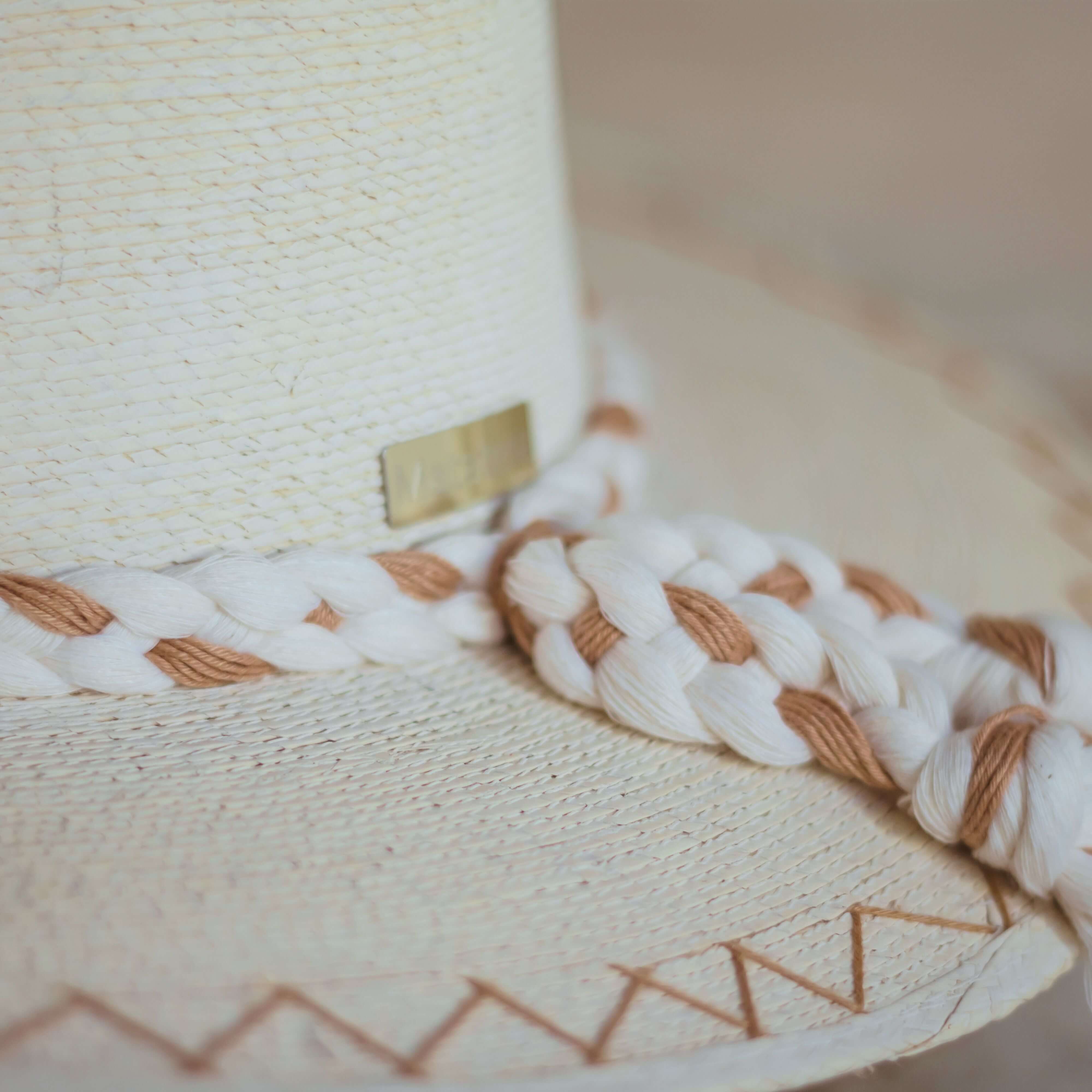 Hand Embroidered Hat with Cotton Threads and Palm, Brown Arrow