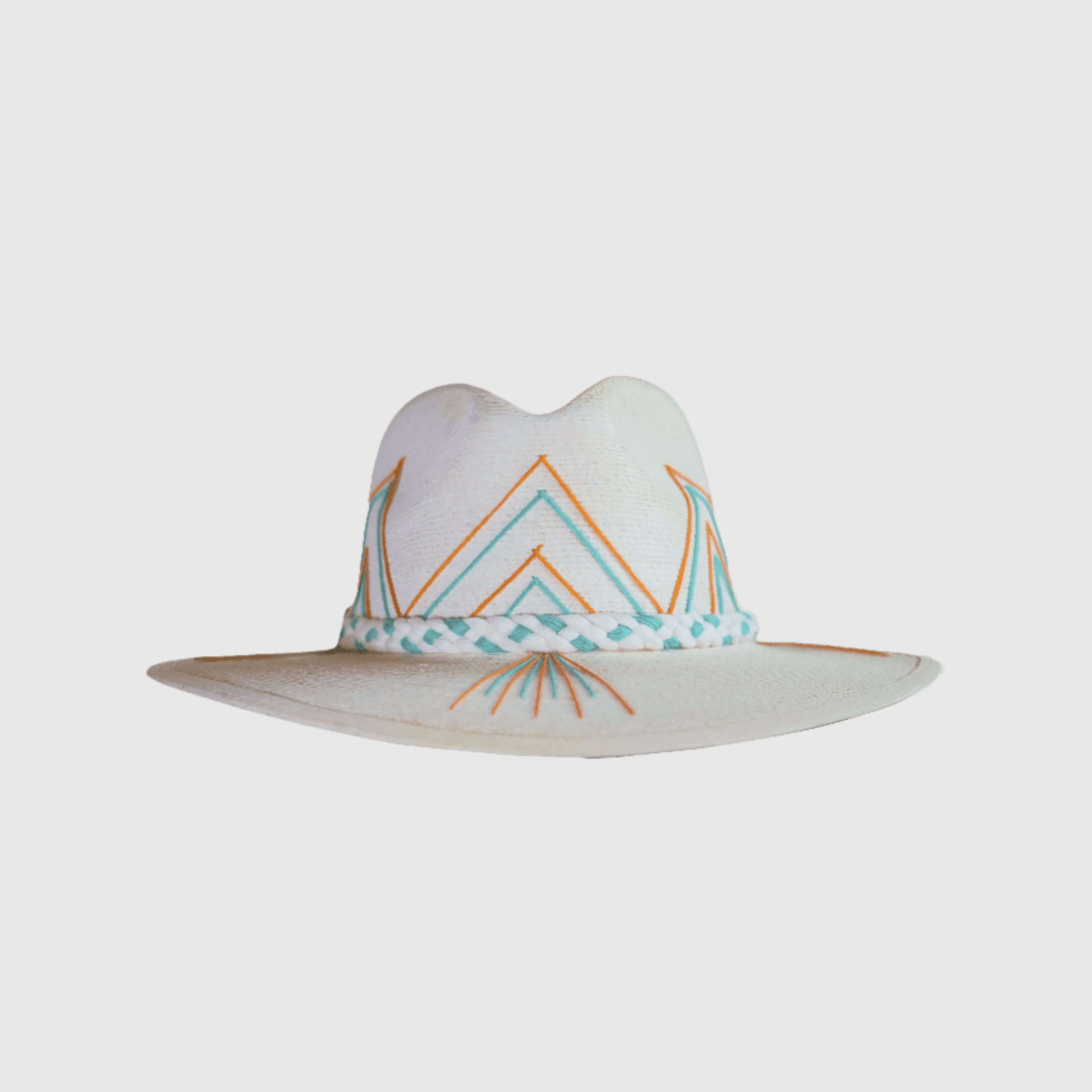 Hand embroidered hat with cotton and palm threads, Orange - Turquoise geometric figures