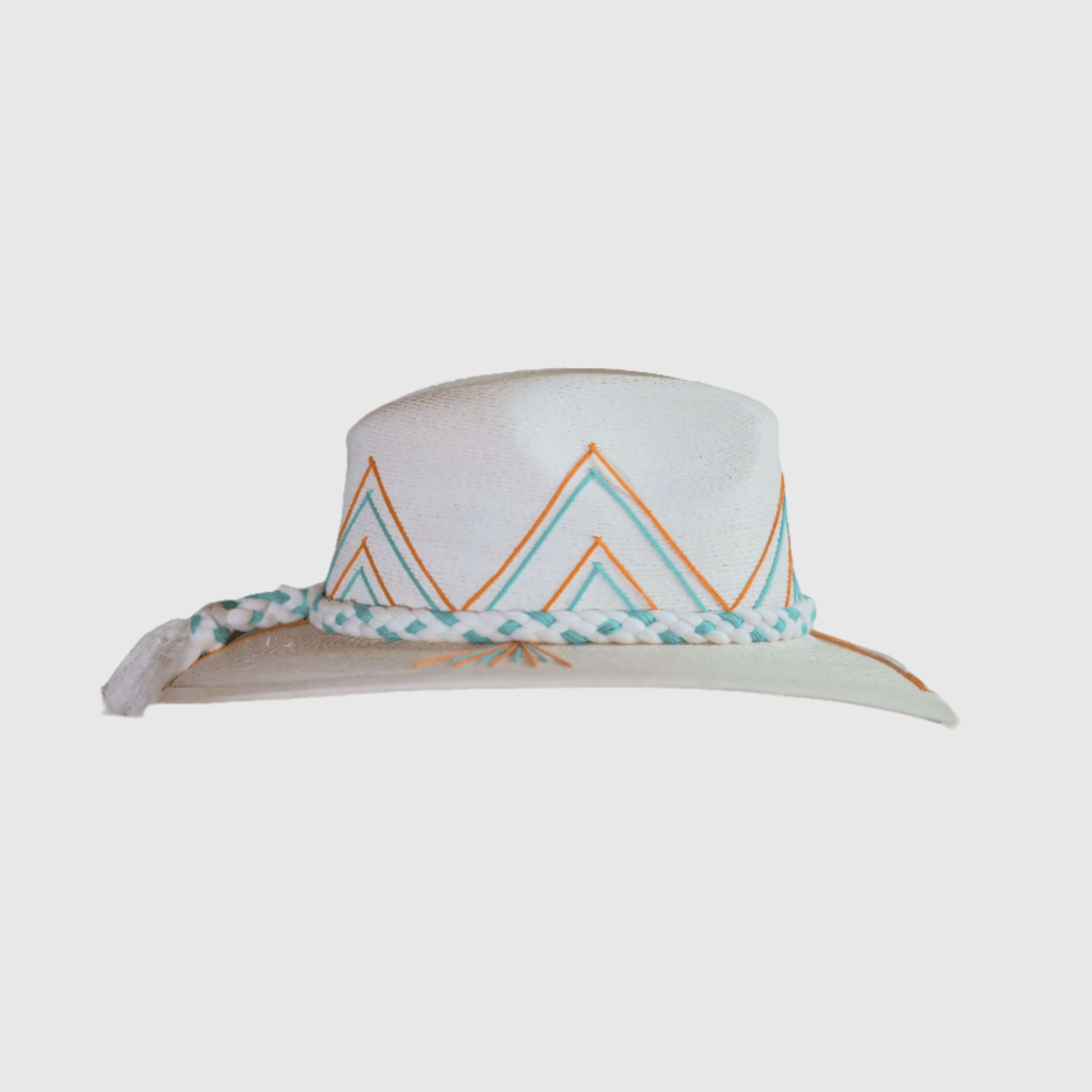 Hand embroidered hat with cotton and palm threads, Orange - Turquoise geometric figures