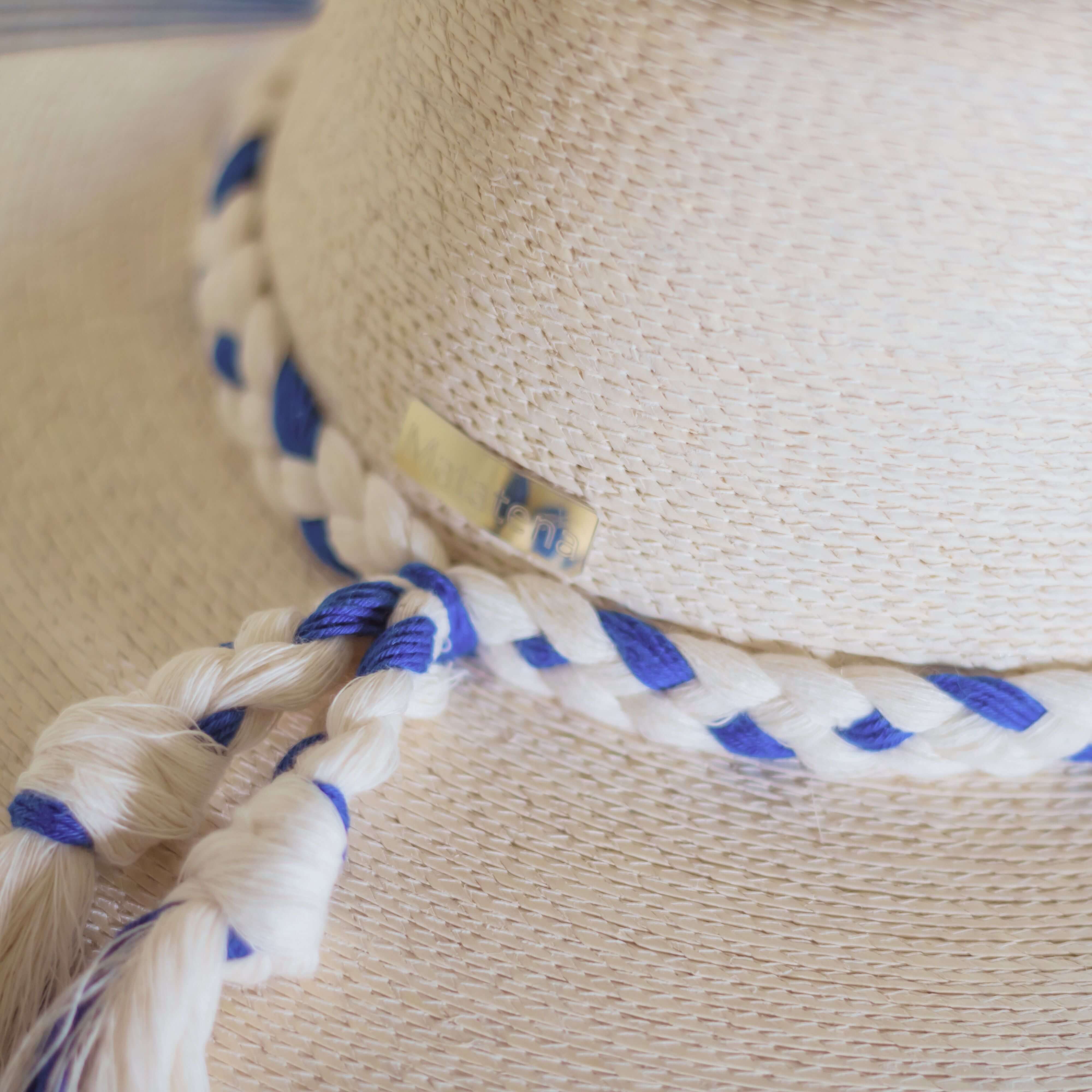 Hand embroidered hat with cotton and palm threads, sea blue and light blue decor