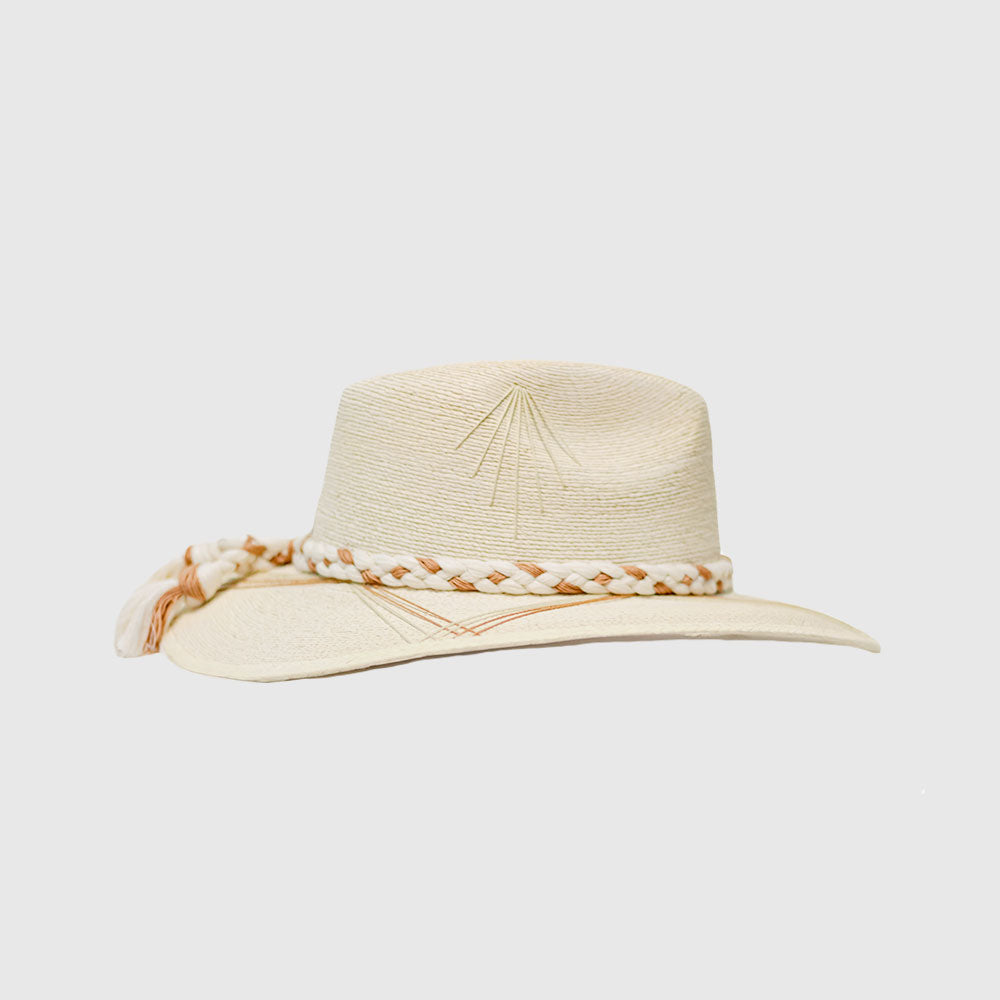 Hand embroidered hat with crossed triangules. Hand made strip in Ivory / beige color