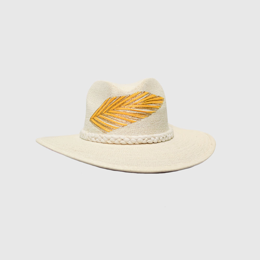 Hand embroidered hat with cotton and palm threads, yellow / Gold feather