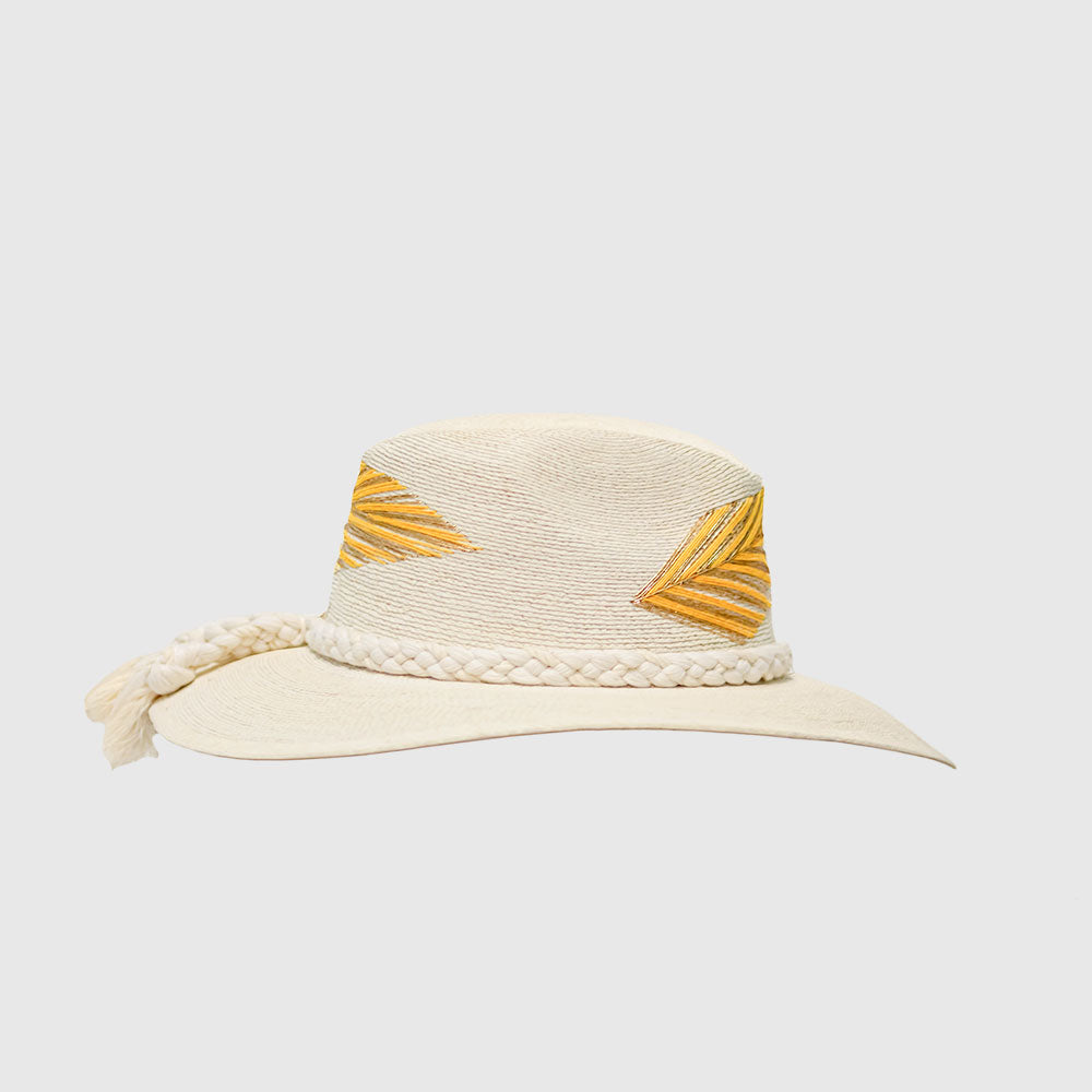 Hand embroidered hat with cotton and palm threads, yellow / Gold feather