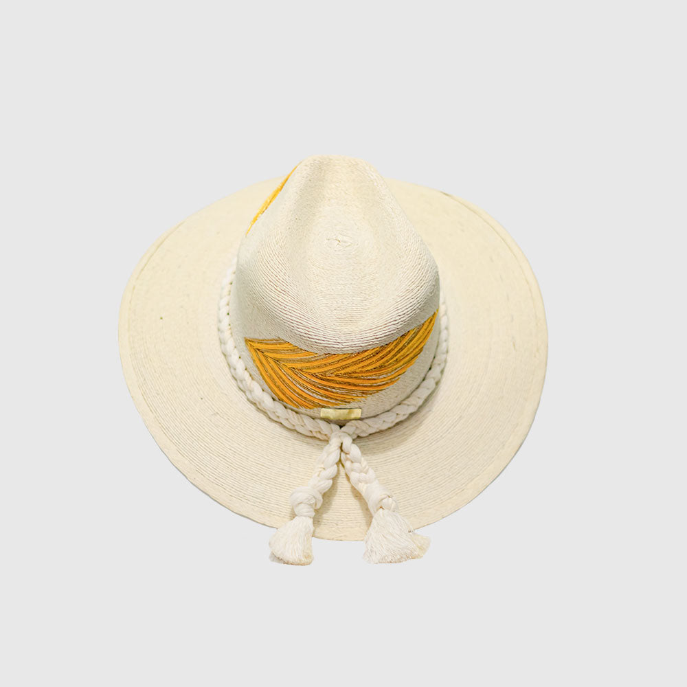 Hand embroidered hat with cotton and palm threads, yellow / Gold feather