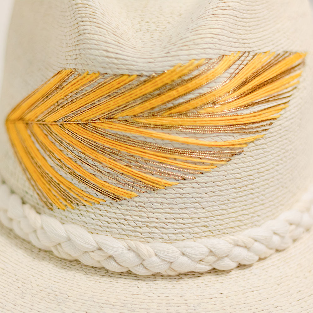 Hand embroidered hat with cotton and palm threads, yellow / Gold feather